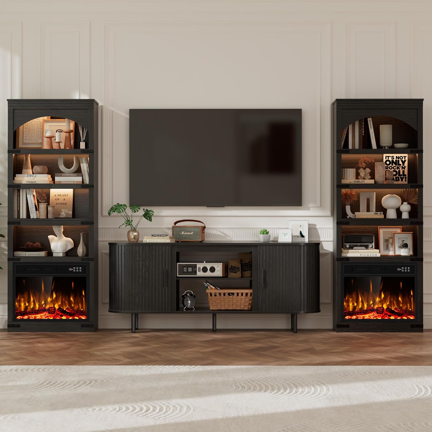 70” Arched Bookcase with 23" Electric Fireplace & LED Lights, 4-Tier Tall Bookshelf Open Storage, Modern Storage Organizer Display Cabinet for Living Room, Office, Home, Black