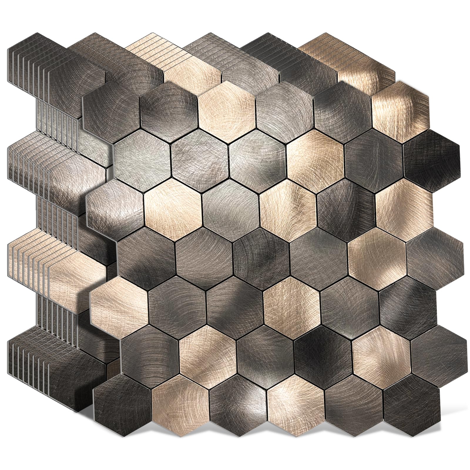 WoStick Metal Stick on Tiles, 4mm Thickness Self Adhesive Wall Tiles, Super Stronger Peel and Stick Backsplash Tile with Metal Brushed 10Sheets/Pack