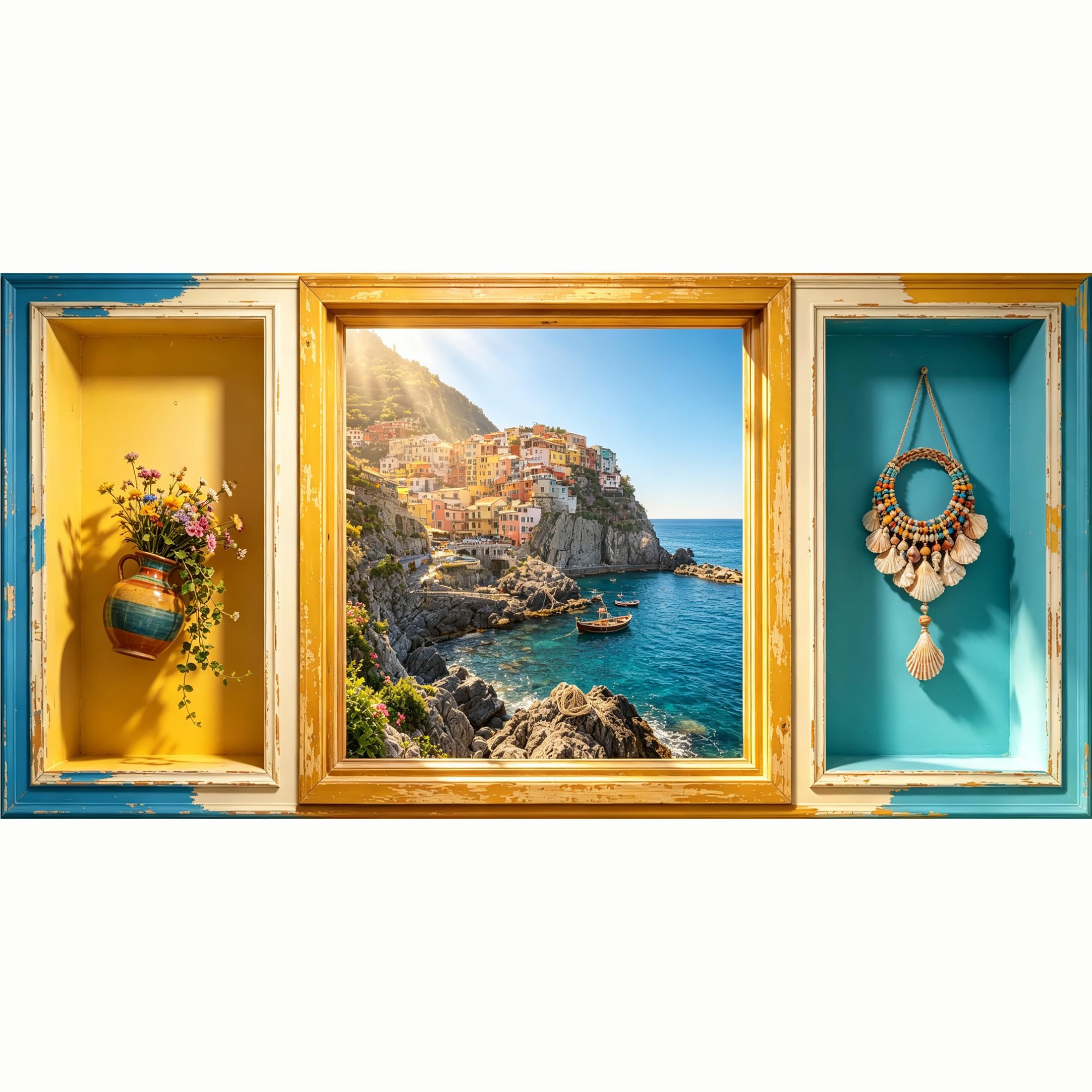 QZLITHOTIC 50x100cm 3D Framed Wall Art， Coastal Mediterranean Seascape Window View Self‑Adhesive Mural， Water‑Activated Peel & Stick Fabric Decor Wall Decal for Bedroom Living Room