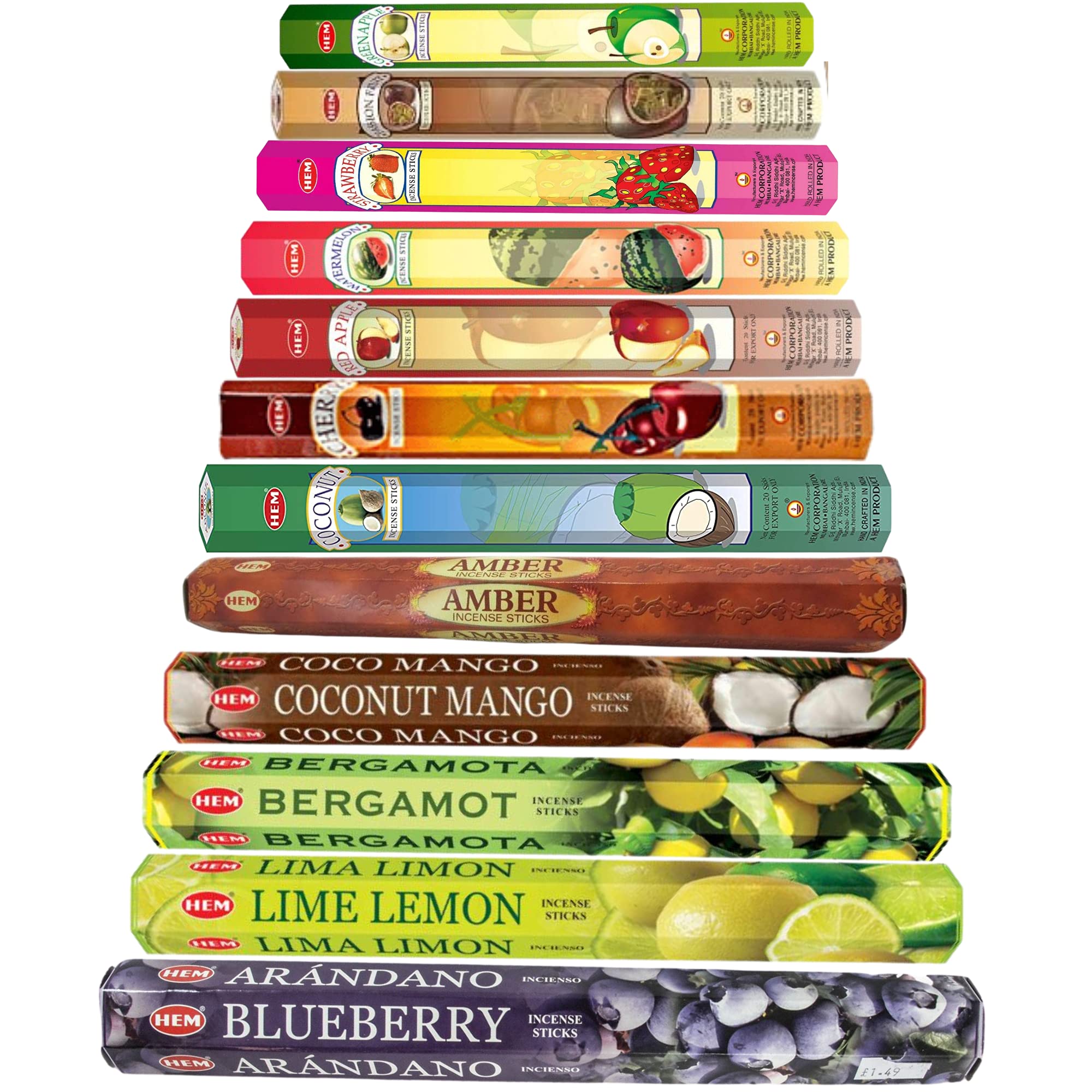 12 Fruity flavour HEM Incense Sticks - exotic fruity flavours to mesmarise your home environment - come with an elegant incense holder or ash catcher