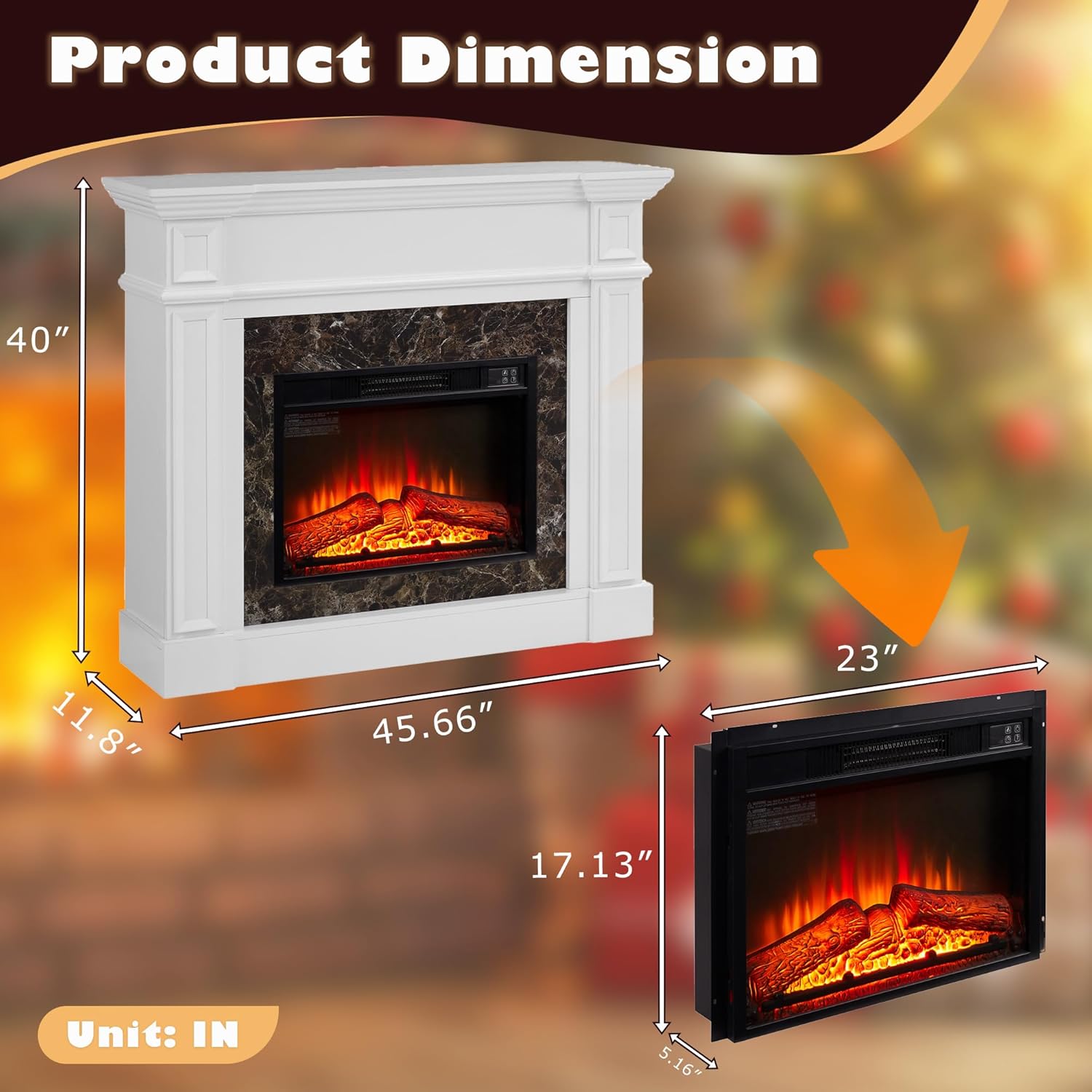 46 inch Electric Fireplace with Mantel, Portable Freestanding Wood Stove with Remote Control, 23'' Fireplace Insert,1400W Realistic 3D Flame Stacked Stone Surround (White, 46 inch)
