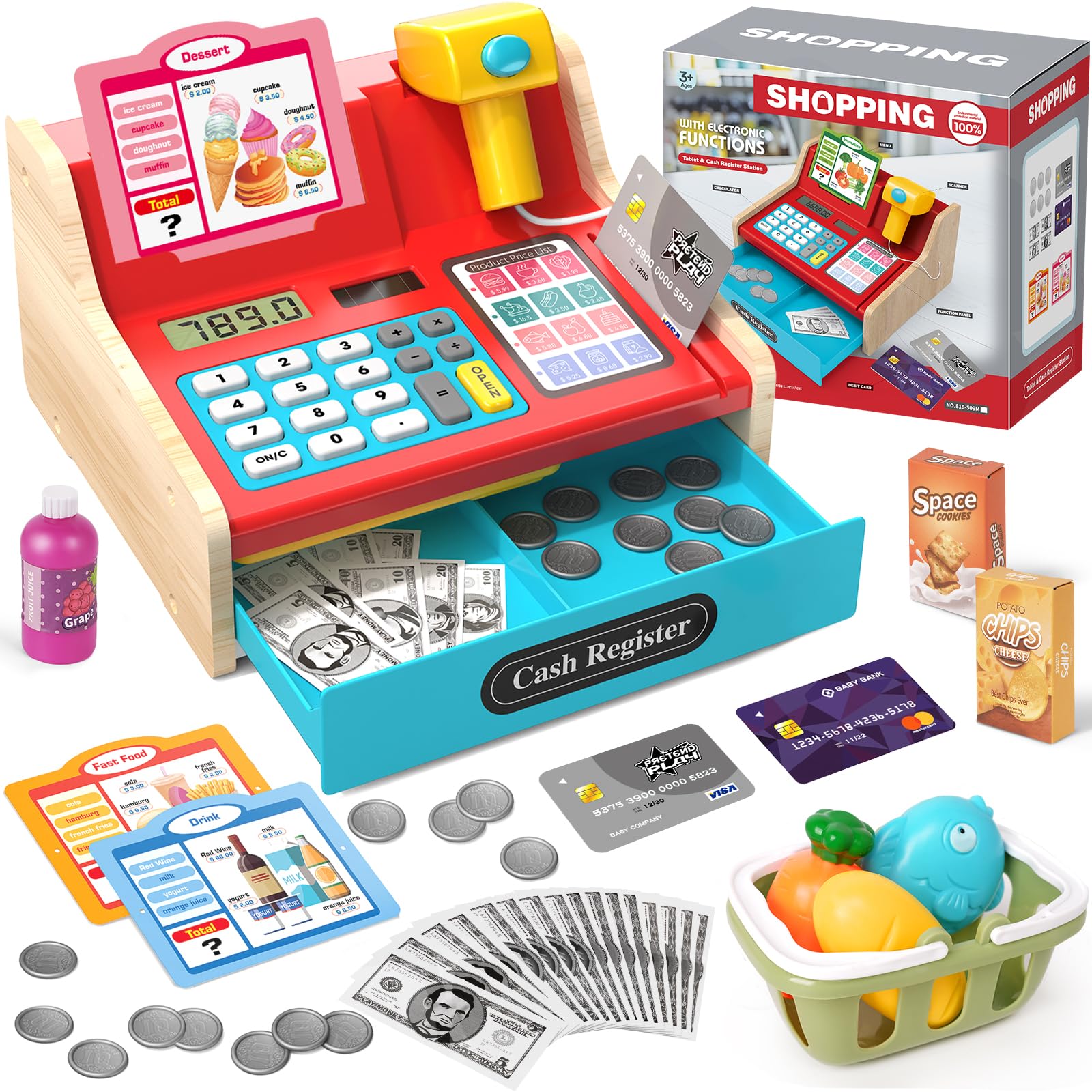 2025 Registratore di Cassa Giocattolo in Legno con Calcolatrice Scanner Giochi per Bambini 3+ Anni, Giocattoli per Negozi di Giochi Finti Regali Educativi per Ragazze Ragazzi 3 4 5 6 7 Anni, Rosso&Blu