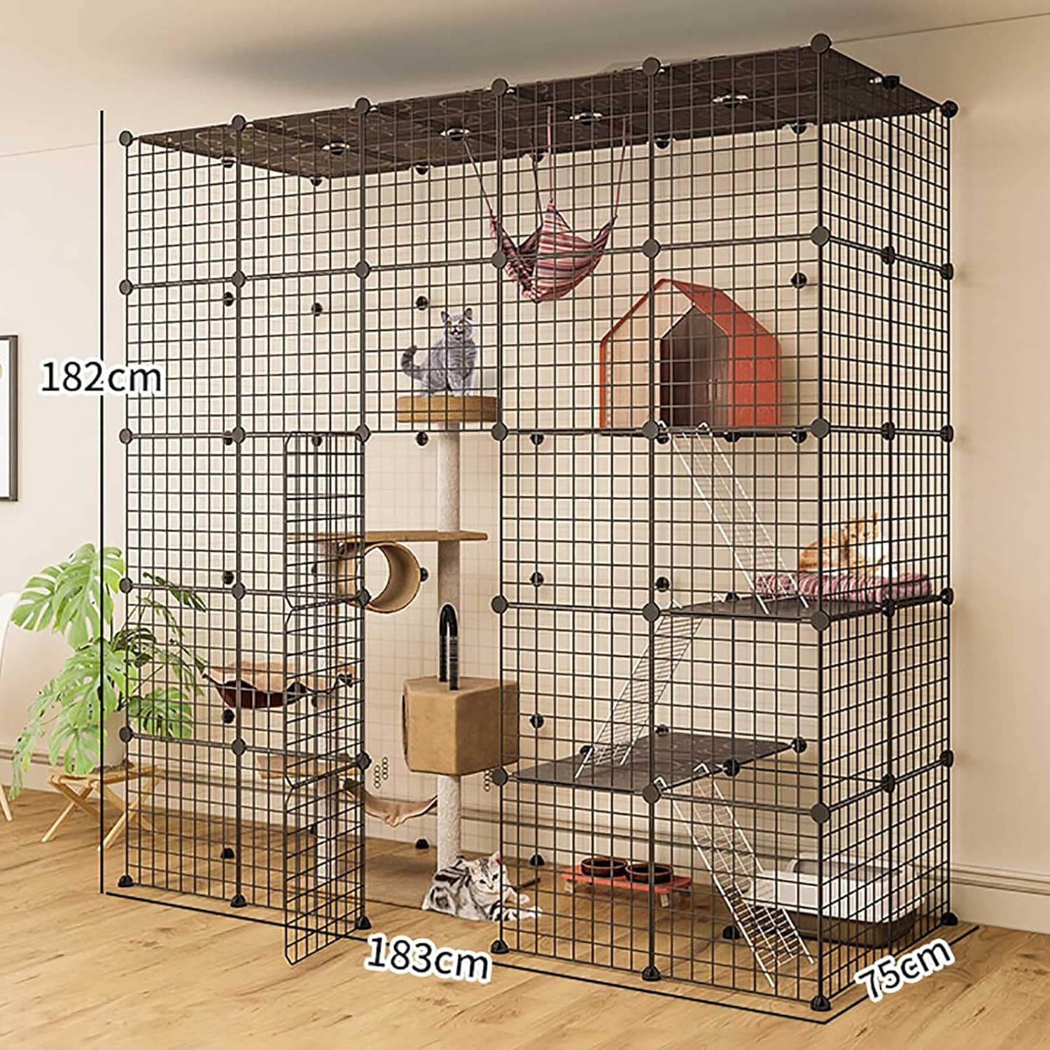 Large Cat Cages Indoor - Cat Cage Kennel Cat Enclosures Ferret Cage Cat Playpen Cat Fence Cat Cage with Litter Box Detachable Pet Exercise Place with Hammock and Bed- IDE,183x75x182