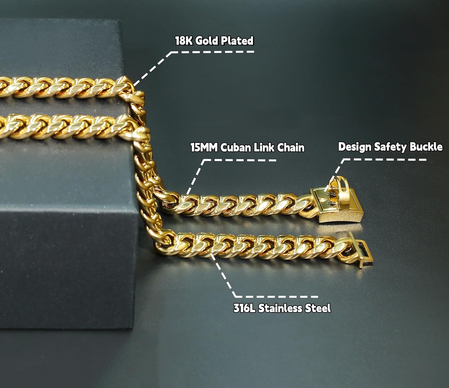 Gold Chain Collars for Dogs 15MM Stainless Steel Cuban Link Collar with Design Safety Buckle Lock 18K Gold Plated Metal Chain Training Walking Collar for Large Medium Small Dogs (24inches)