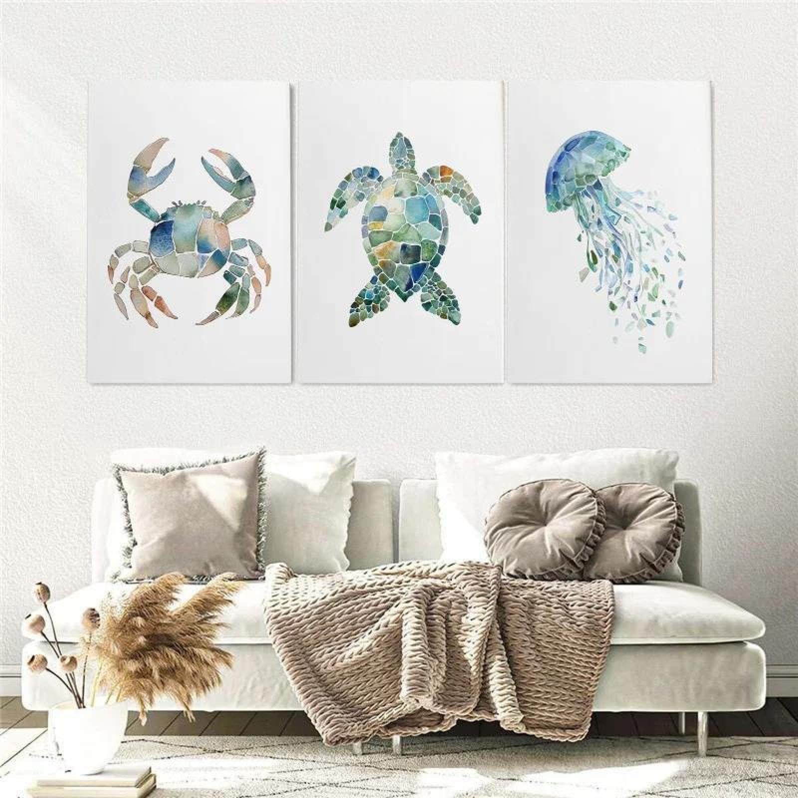 Yocheng Set Of 3 Watercolor Paintings Featuring Sea Creatures: A Blue Crab, A Turtle, And A Jellyfish, Perfect For Decor 50x70cmx3 No Frame