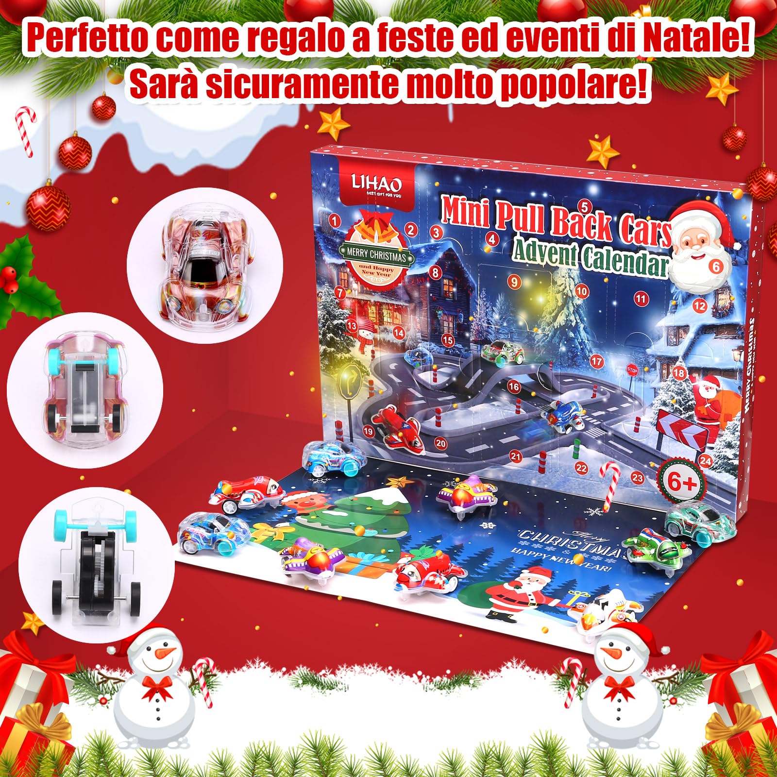 LIHAO Calendario dell'Avvento Bambino 24pz Macchinine Giocattolo Bambini Regalo di Natale per Ragazzi Ragazze Bambini