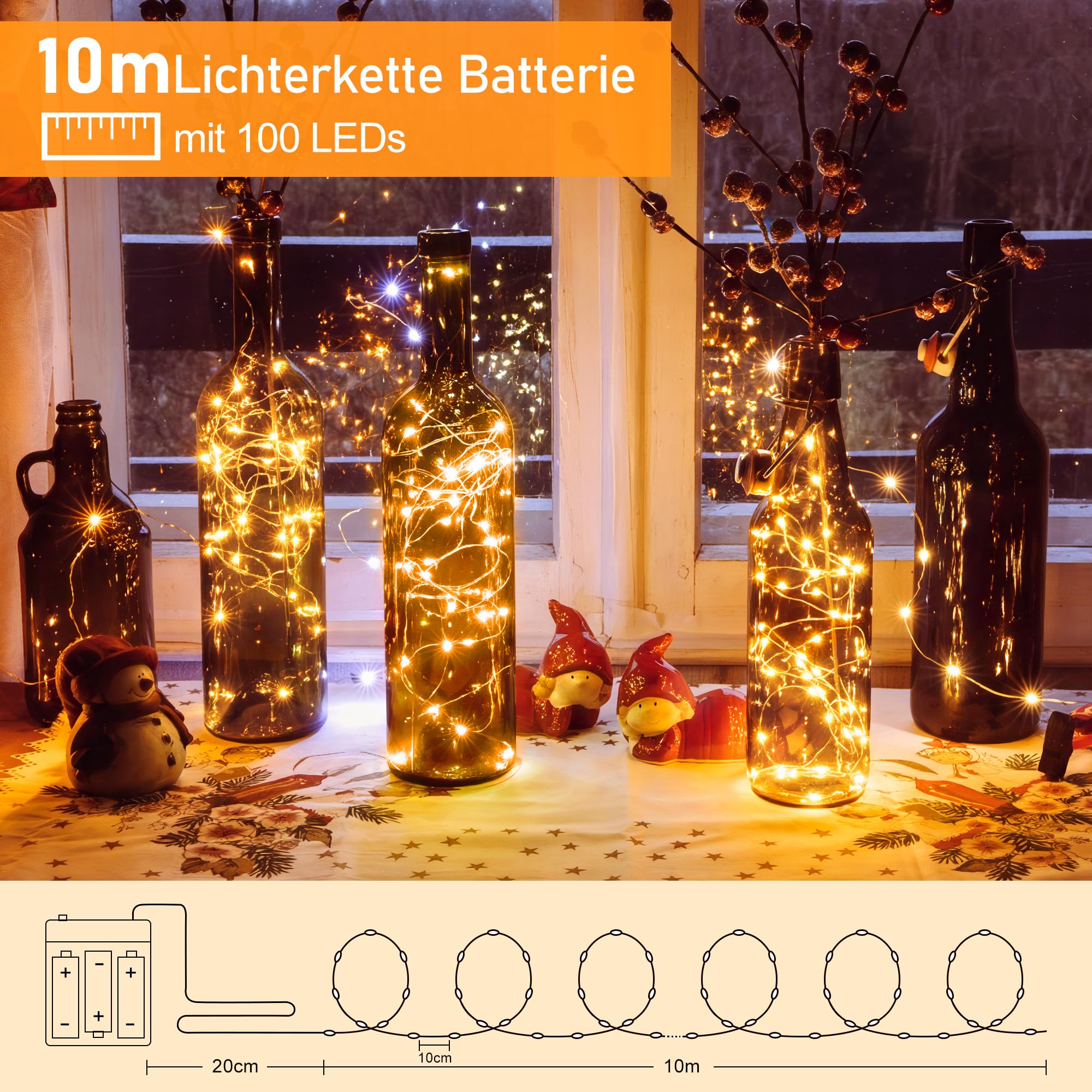 Lichtsnoer met 2 m, 20 leds, werkt op batterijen, warmwit, IP44 waterdicht, led-lichtsnoer, decoratieve verlichting voor binnen en buiten, feest, tuin, Kerstmis, Halloween, bruiloft