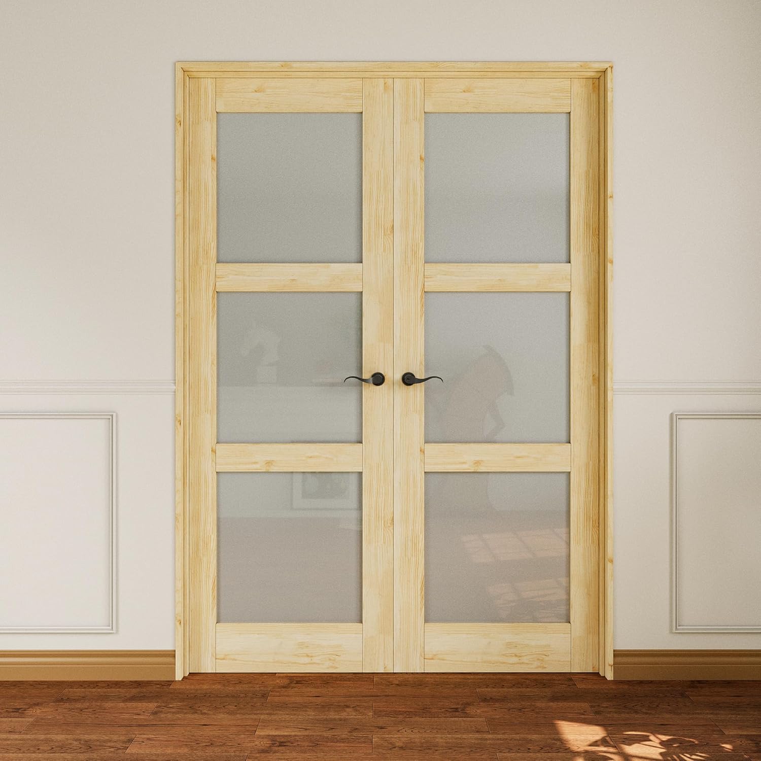 French Door 48" x 80" (Double 24" x 80") 3-Lite Frosted Glass & Pine Wood Door Slabs with Pre-Hung Jamb, Black Hinges, Levers and Latch, Unfinished Solid Wood Doors, French Interior Doors for Room