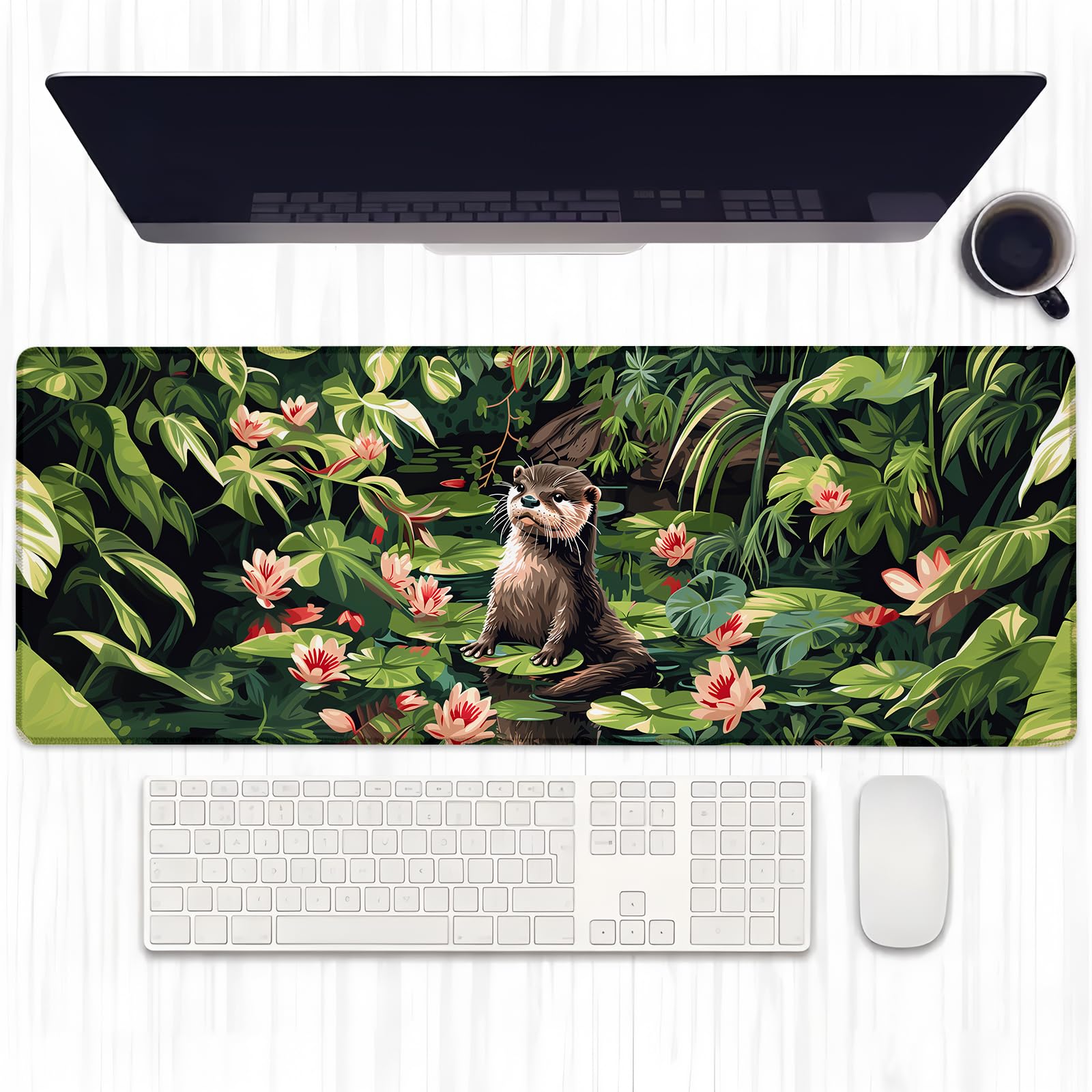 Ti Caldi Tropical Otter Gaming Mouse Pad, Extended Cute Otters and Water Lilies Desk Mat Computer Laptop Mousepad, Robust Stitched Edges, 31.5"×11.8" Large Office Keyboard Mouse Pads for Desktop Decor