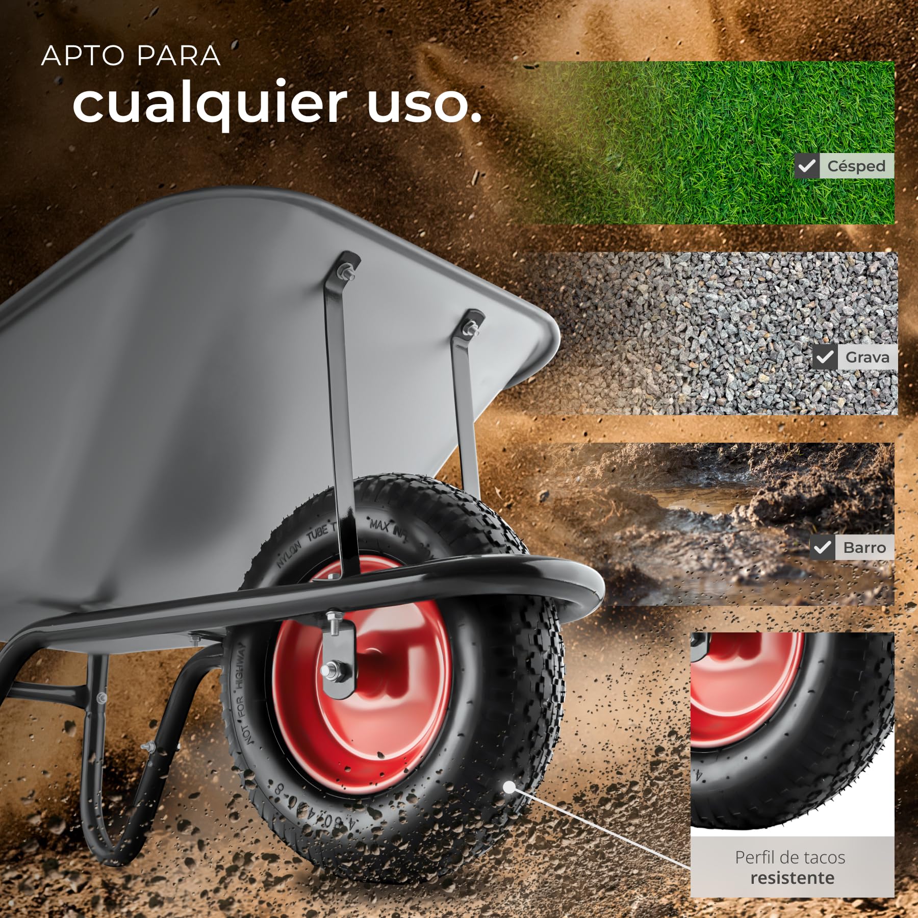 tectake® Carretilla de Carga, Hecho de Acero galvanizado, Carro con Ruedas neumáticas, Capacidad de 100 L, Carga hasta 250 kg, Estructura Robusta, Carretilla Jardin, Uso versátil, Carretilla de Obra