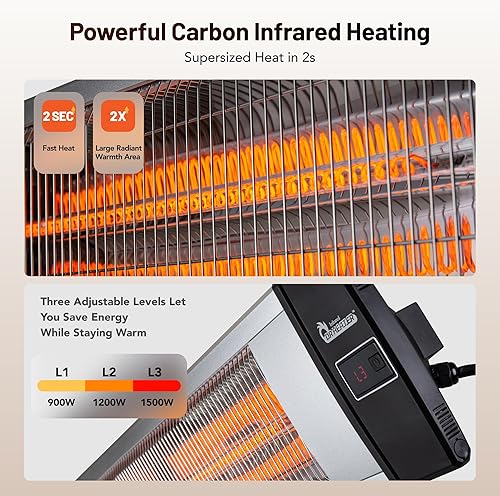 Vista 6 de Dr. Infrarrojo DR-238 - Calentador de pared o techo infrarrojo de carbono de 1500 W con control remoto (plateado)