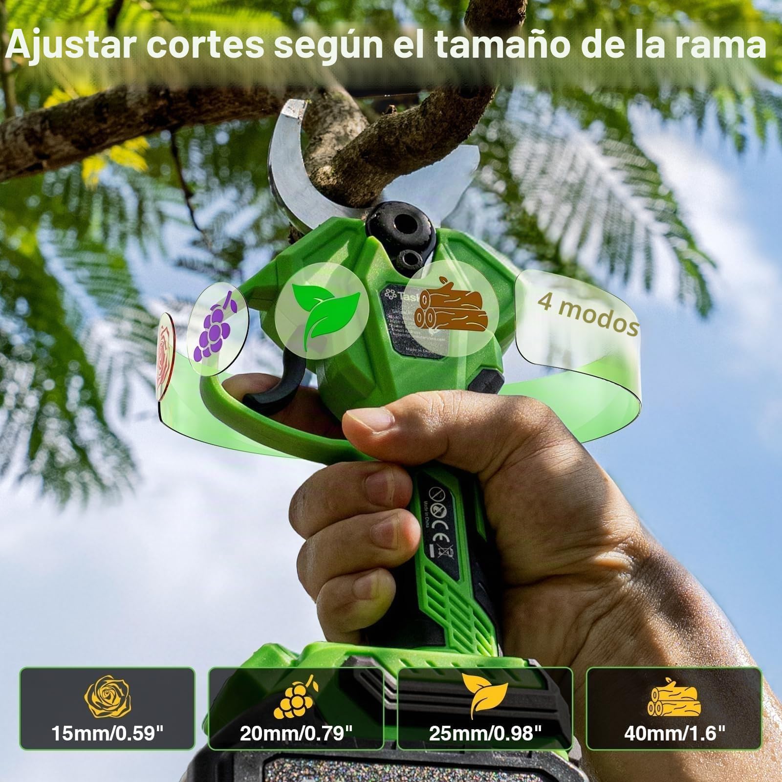 TaskStar Tijeras de Podar Eléctricas Inalámbricas 2 en 1: Diámetro de Corte 40mm Podadora de Poste Sin Escobillas – 2 Baterías de 4000mAh, Hoja SK5 de Repuesto, 4 Modos de Corte para Flores y Árboles