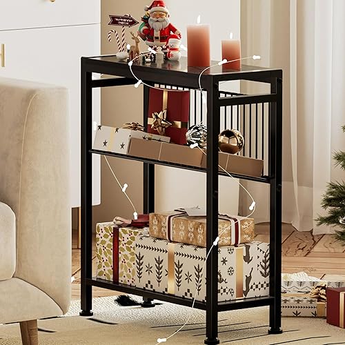 Miniatura 9 de Mesa auxiliar para espacio pequeño, mesa auxiliar estrecha de 3 niveles con soporte para revistas, mesita de noche, mesa de sofá delgada para sala