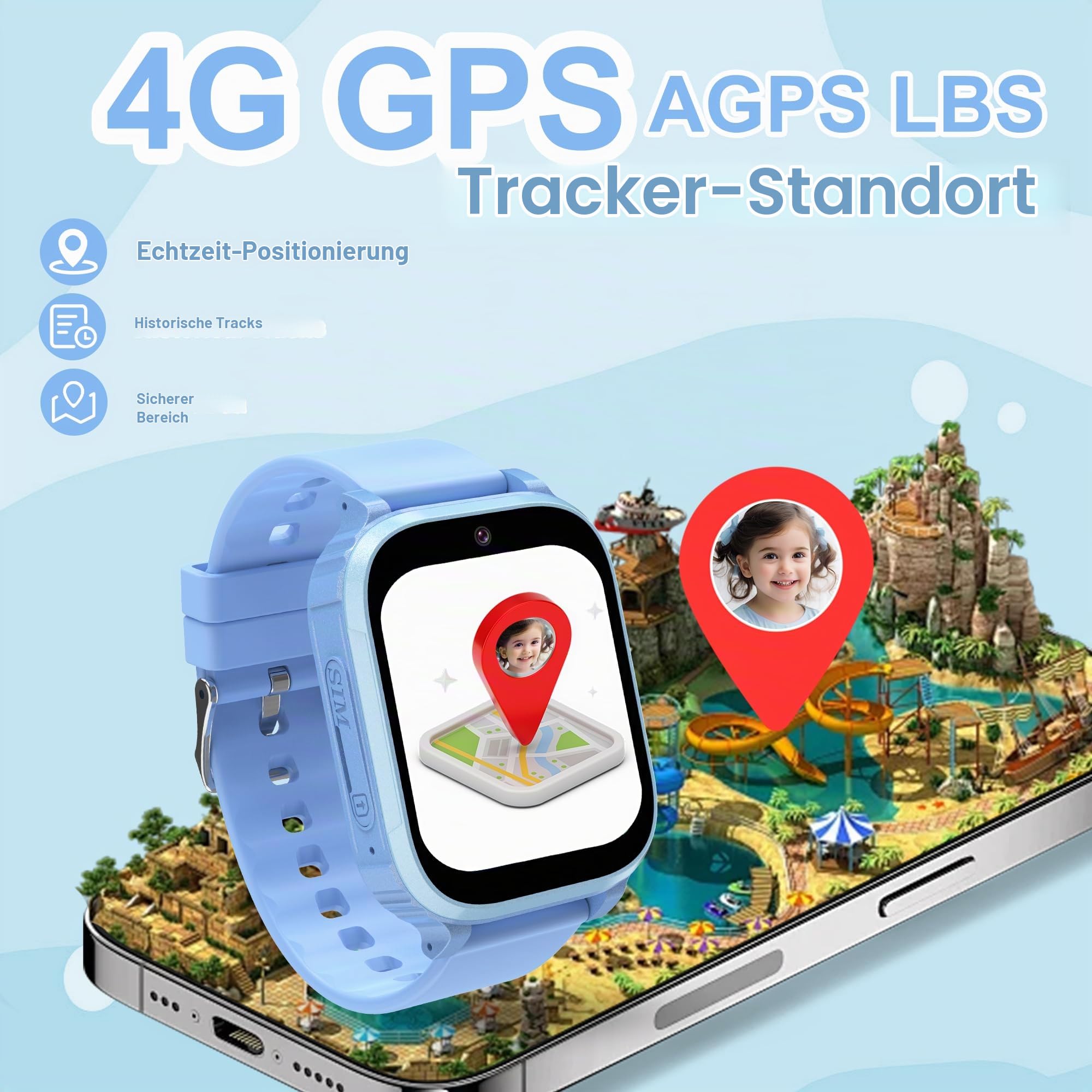4G Smartwatch Kinder mit GPS und Telefon | Kinder Smartwatch mit Videoanruf Anruffunktion IP68 Wasserdicht SOS Spiel Wecker Schulmodus, Kinderuhr GPS Geschenk