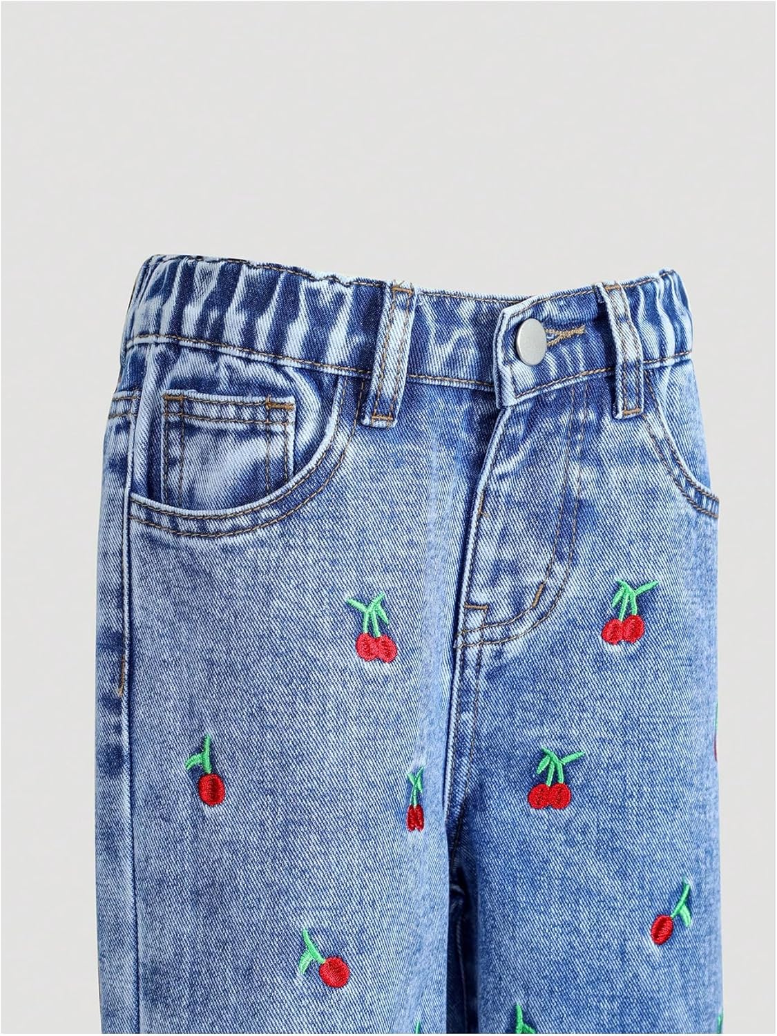 WDIRARA Toddler Girl's Cute Cherry Embroidery Baggy Jeans Wide Leg Denim Pants - Image 3