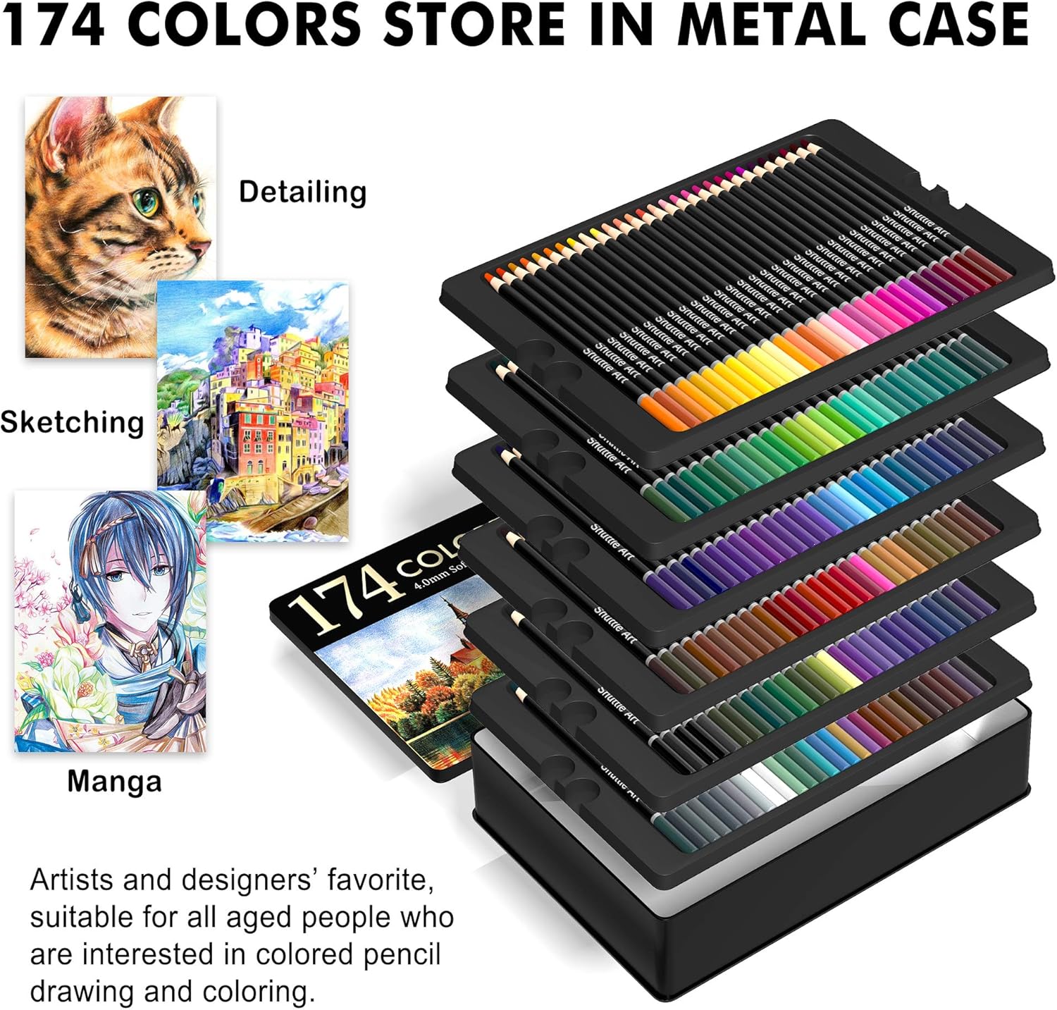174 Colors Professional Colored Pencils, Shuttle Art Soft Core Coloring Pencils Set with 1 Coloring Book, 1 Sketch Pad, 4 Sharpener, 2 Pencil Extender, Perfect for Artists Kids Adults Coloring, Drawing : Office Products