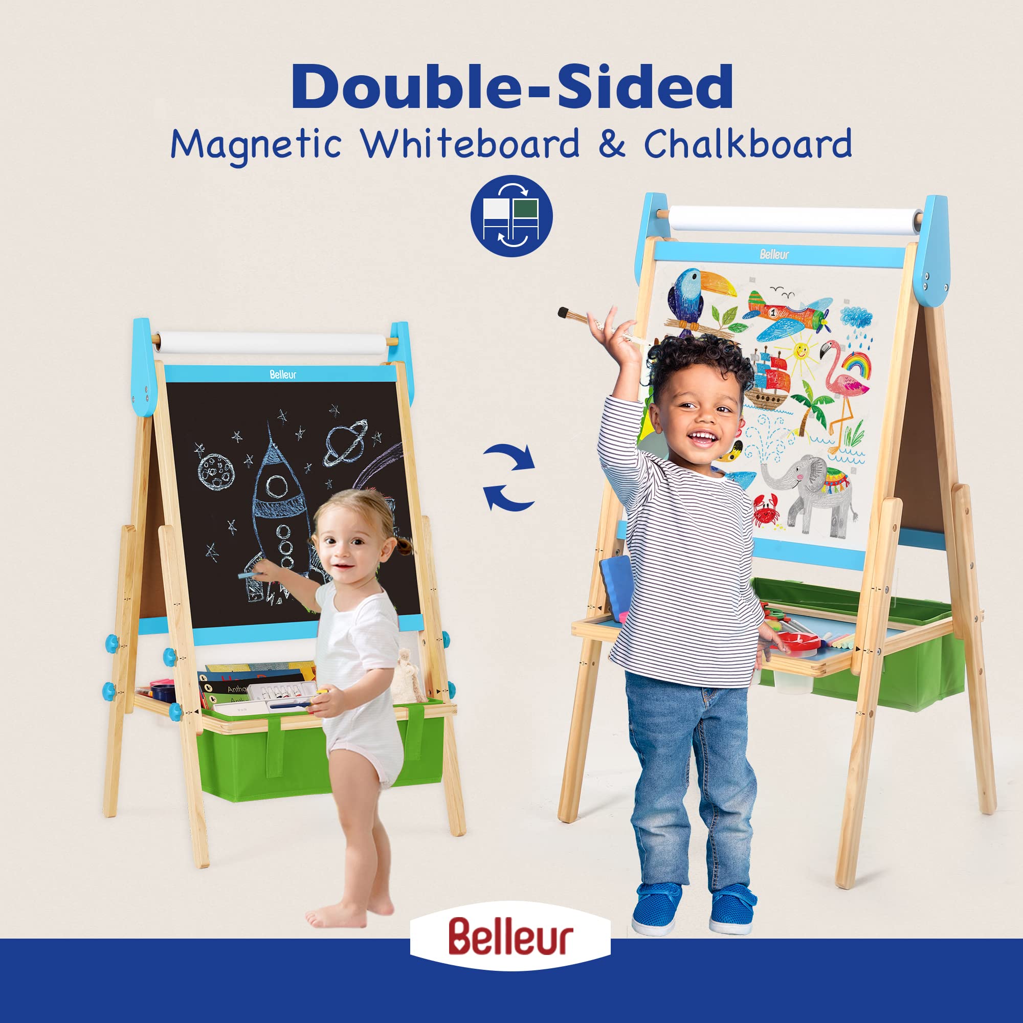 Belleur All-in-one Kid Easel Including 2 Paper Rolls, Magnetic Letters, 6 Finger Paints, 8 Colors Markers, Deluxe Standing Art Easel with Magnetic Chalkboard & Whiteboard, Easy to Adjust Height - Blue