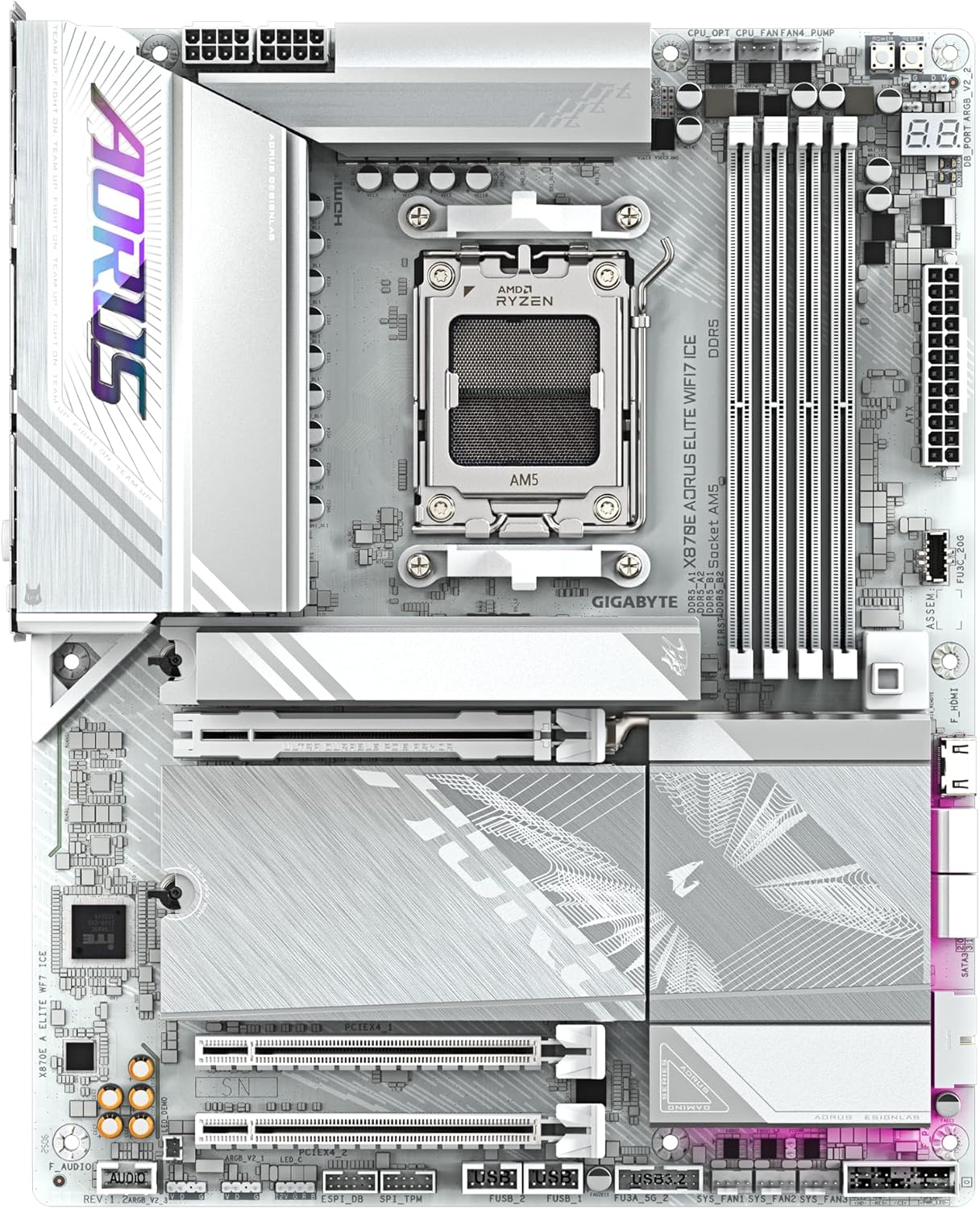 GIGABYTE X870E AORUS ELITE WIFI7 ICE Motherboard - Supports AMD Ryzen 9000 Processors, 16+2+2 Phases Digital VRM, Up to 8200Hz DDR5 (OC), 3xPCIe 5.0 + 1xPCIe 4.0, Wi-Fi 7, 2.5GbE LAN, USB 4