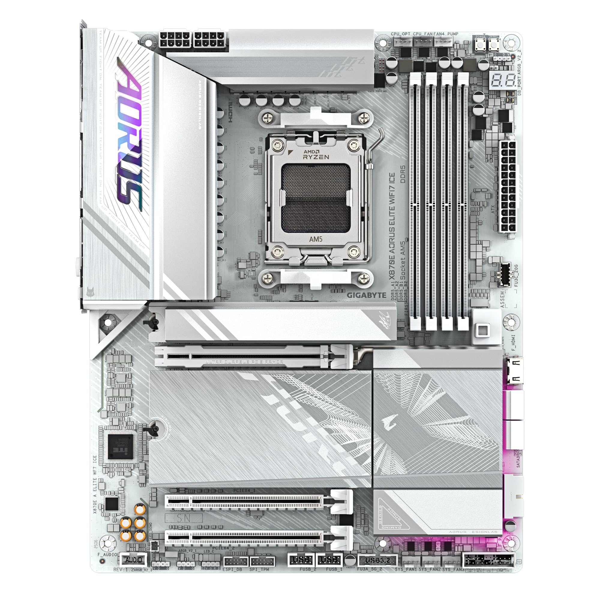 GIGABYTE X870E AORUS Elite WIFI7 Ice Placa Base - Soporta procesadores AMD Ryzen 9000, VRM Digital de 16+2+2 Fases, hasta 8200 MHz DDR5 (O.C.), 3X PCIe 5.0 + 1x PCIe 4.0, Wi-Fi 7, LAN 2.5 GbE, USB 4