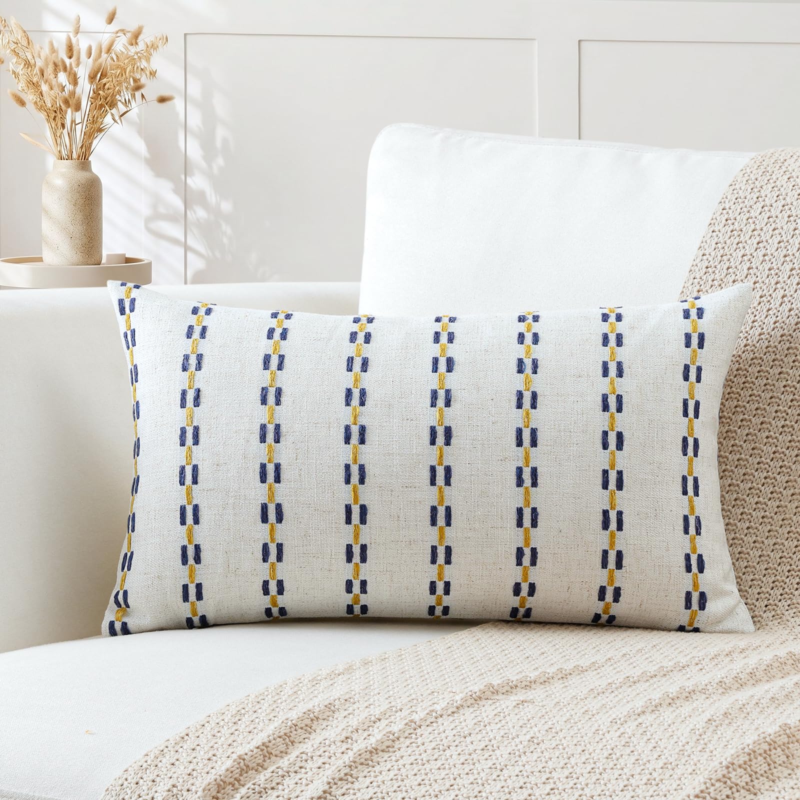 Artscope Pack of 1 Striped Geometric Cushion Cover 40x60cm Soft Lumbar Pillowcase Decorative Farmhouse Accent Couch Throw Pillow Cover for Living Room Bedroom Blue + Yellow