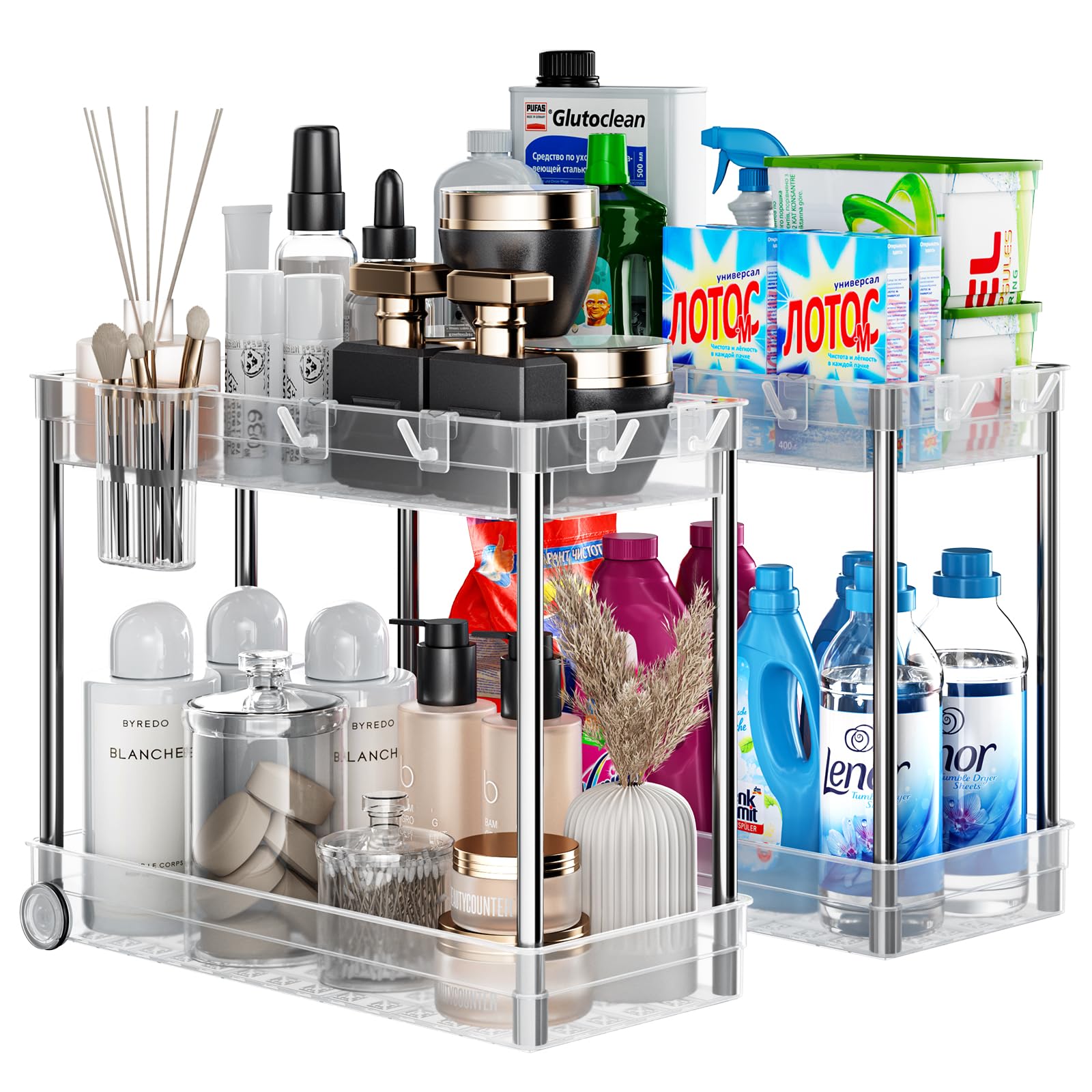 Sellemer 2 Packs Under Sink Organizers and Storage, Easy to Move with Wheels, Kitchen Organizers and Storage, Bathroom Storage, Laundry Room Organization (Heightened Style,Transparent)