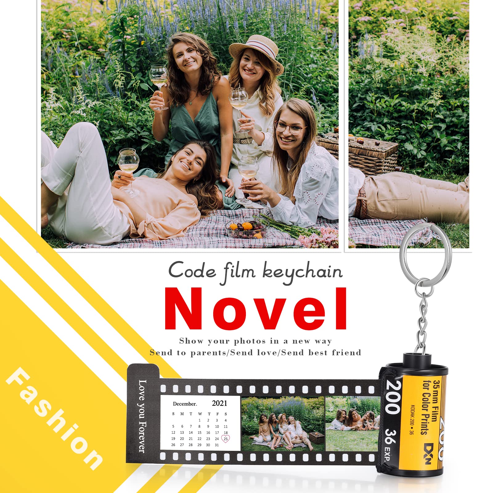Jewelstruck Llavero personalizado con rollo de película fotográfica, llavero de cámara de fotos personalizado, regalos para novio, pareja, mejor amiga, 19 Fotos+calendario+texto, 47*25mm