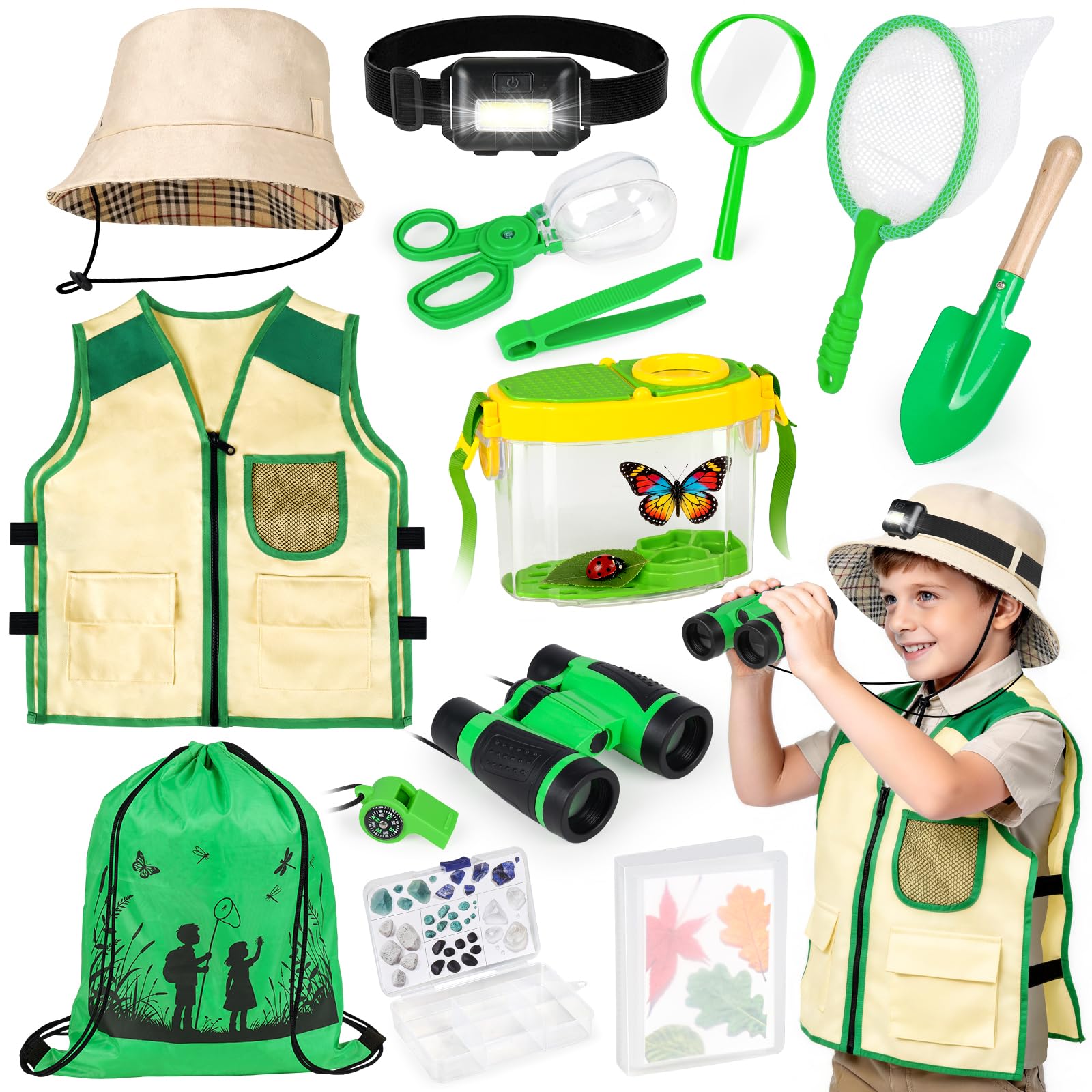 Meaicezli Kit de explorador para niños y atrapasueños, disfraz de safari con equipo de senderismo para niños, prismáticos, faro, hábitat de insectos, exploración al aire libre para camping, aventura