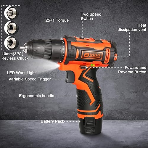 Miniatura 7 de Juego de Taladro Inalámbrico 12V, Kit de Taladro con Batería y Portabrocas sin Llave de 3/8 Pulgadas, 2 Velocidades Variables y 43 Piezas de Brocas