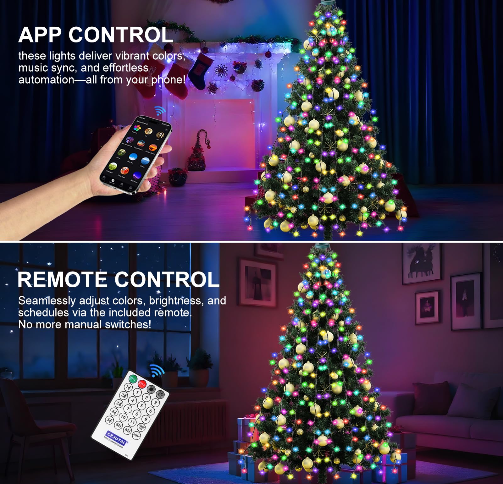 Luci per albero di Natale da 2 m con anello, telecomando e controllo tramite app, catena da 400 LED con 8 modalità, illuminazione per decorazioni natalizie