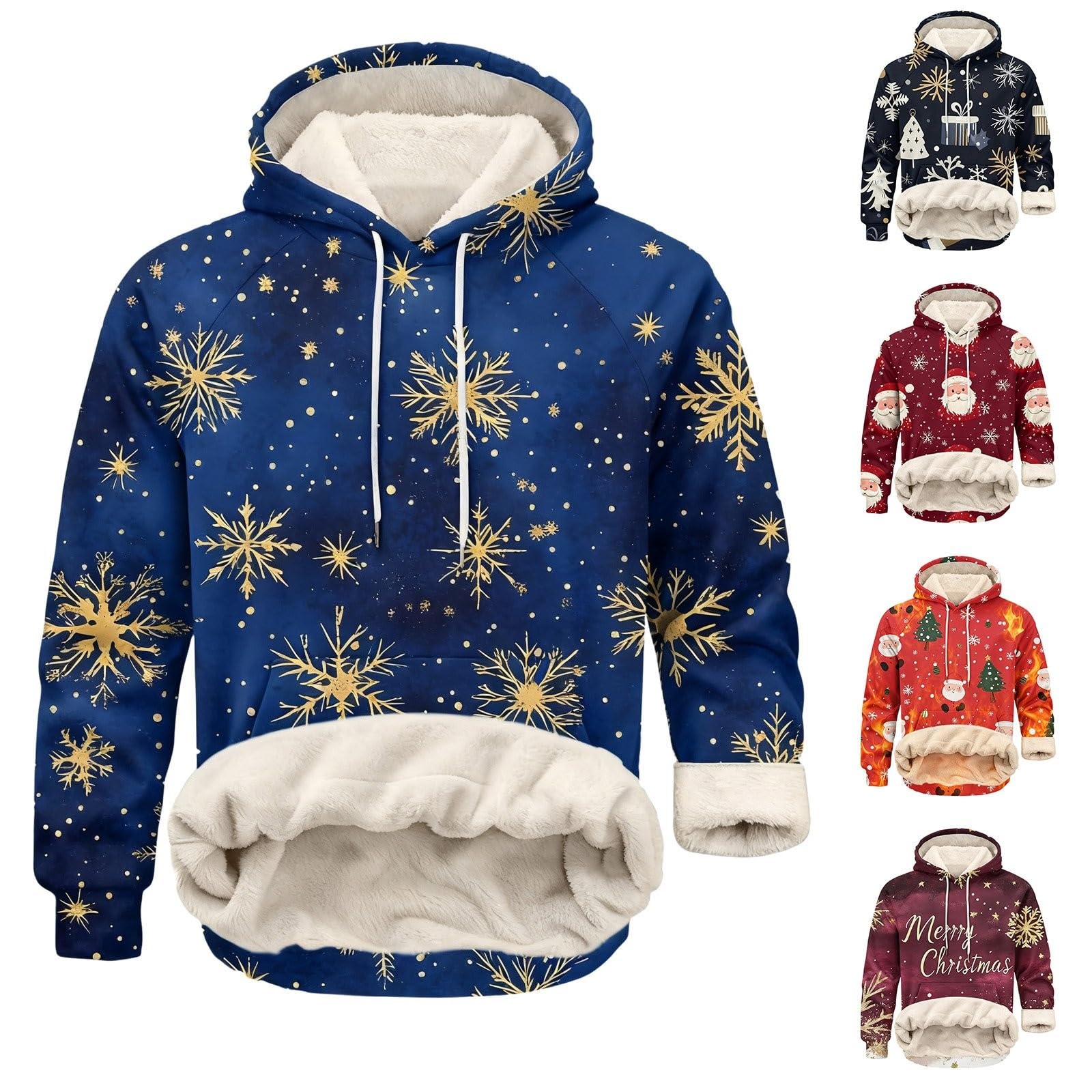 Sudadera con capucha con forro polar para hombre, diseño de árbol de Navidad, Papá Noel, cálido, manga larga, suéter, novedad, disfraces navideños, ropa de vacaciones, incluye