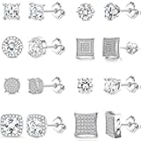 RIOSO 8Pairs Stud Earring of Men Women Silver Cubic Zirconia Square Round CZ Stud Earrings