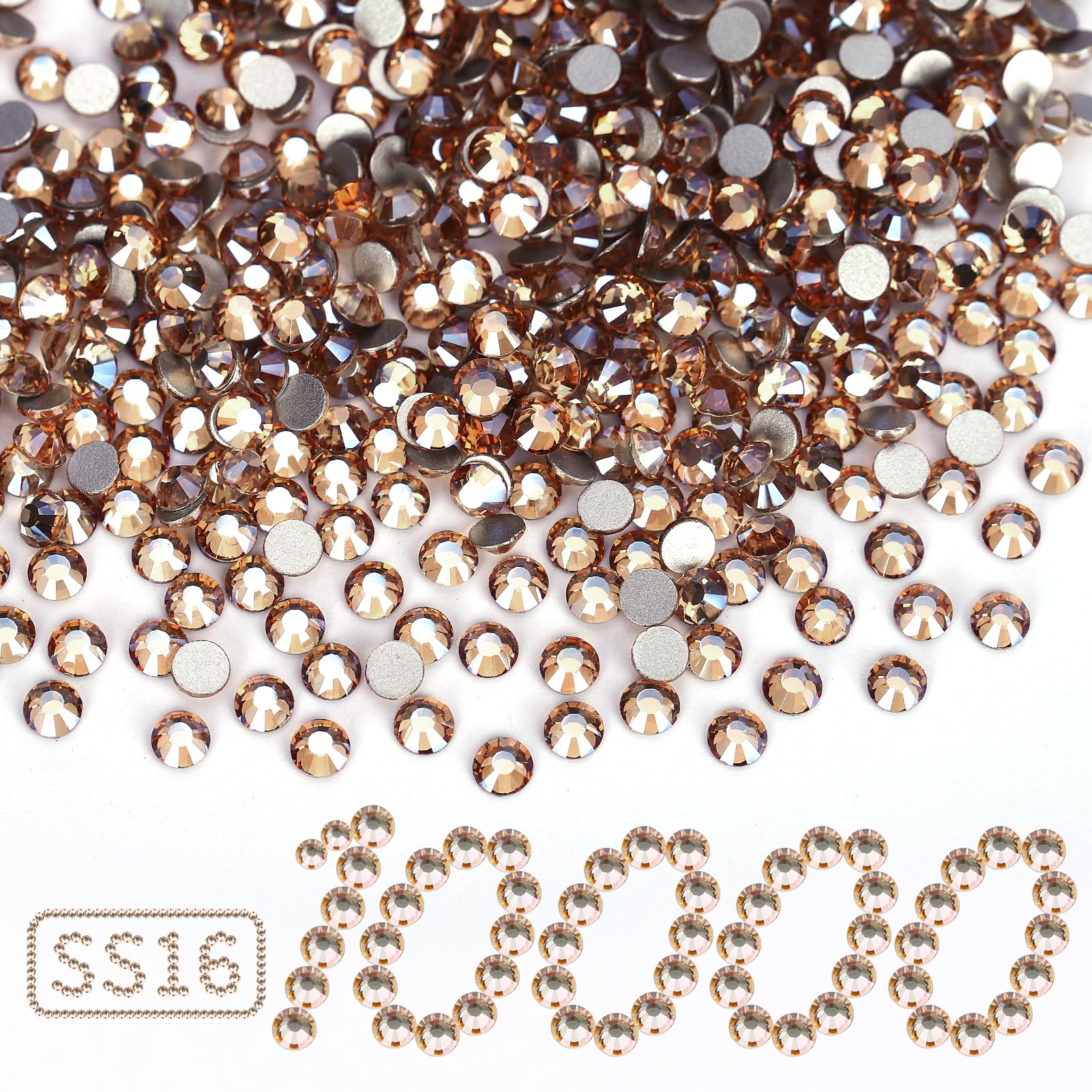 10000PCS Golden Shadow Rhinestones Bulk, Flat Back Crystal Glass Stone Round Gems,SS16, 3.8-4.0mm