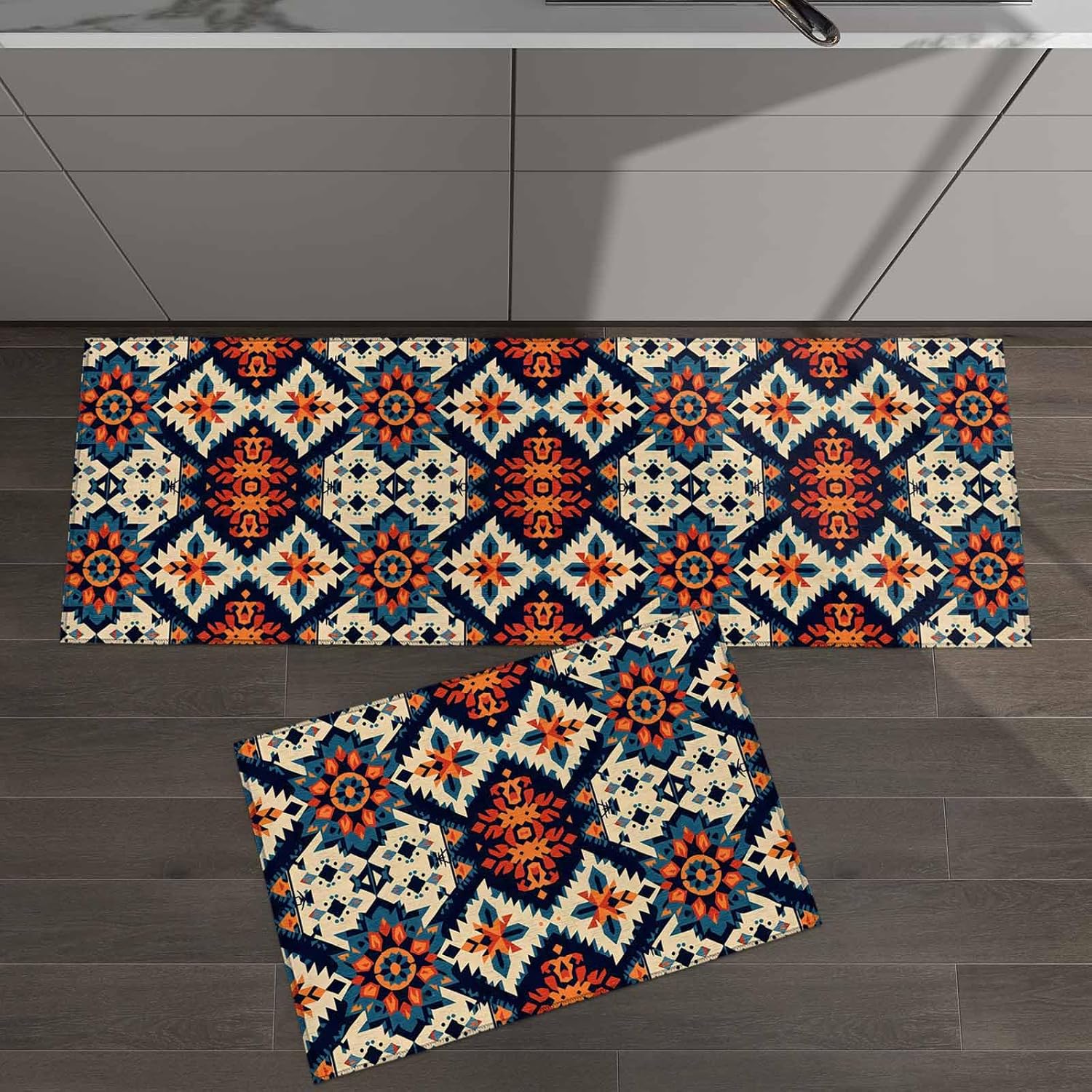 2 Pieces Kitchen Rugs and Mats,Abstract Retro Indian Tribal Pattern Area Runner Rug Set Non Slip Floor Doormat Washable Carpet Standing Mat for Kitchen Sink Indoor Corridor,Geometric Ethnic Art