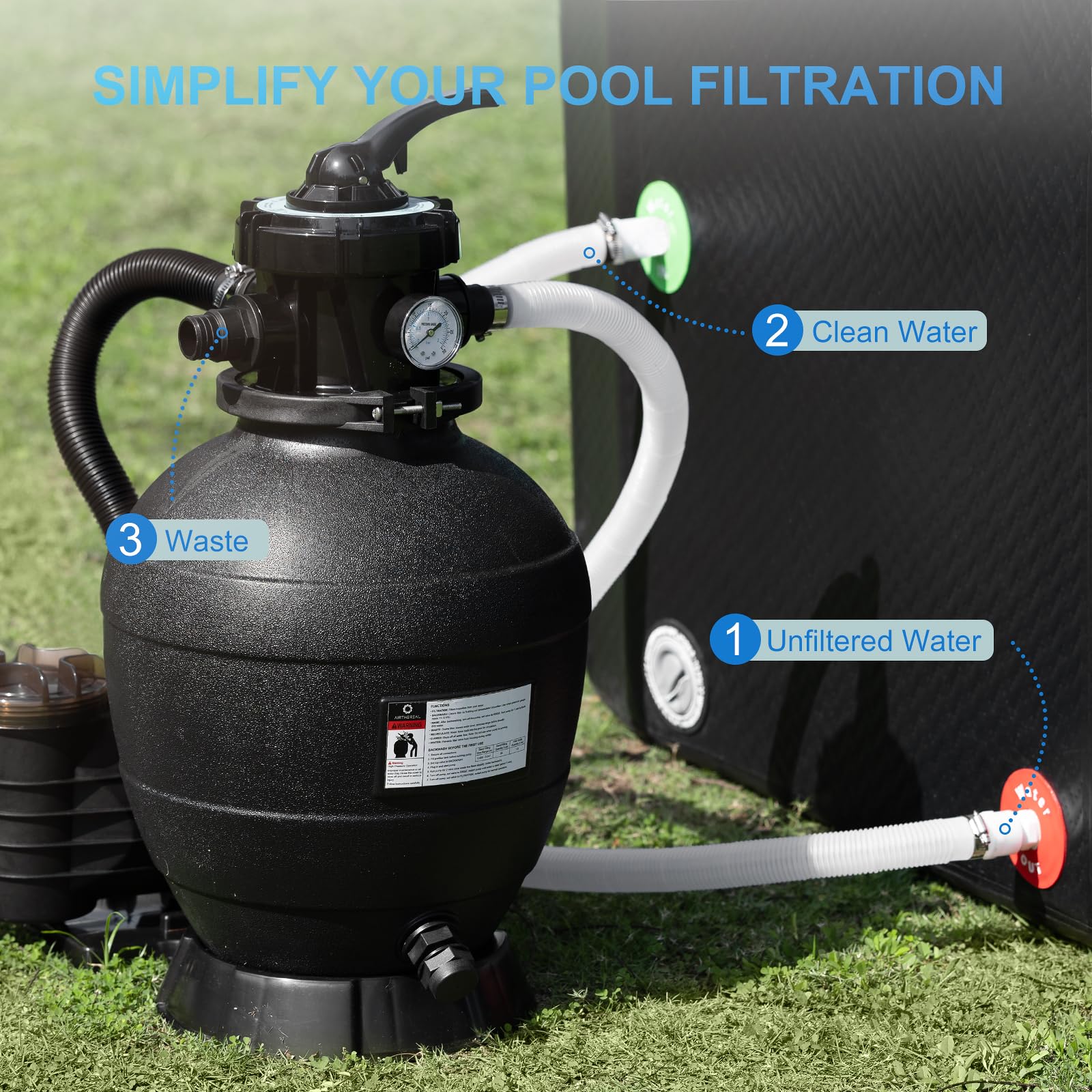 Airthereal Pompe de filtre à sable 33 cm pour piscine hors sol, moteur ¾ CV, noir | AquaMind AM13 Système de filtre à sable pour piscine, 3 435 GPH, valve à 7 voies, pour piscines jusqu'à 38 000 litres