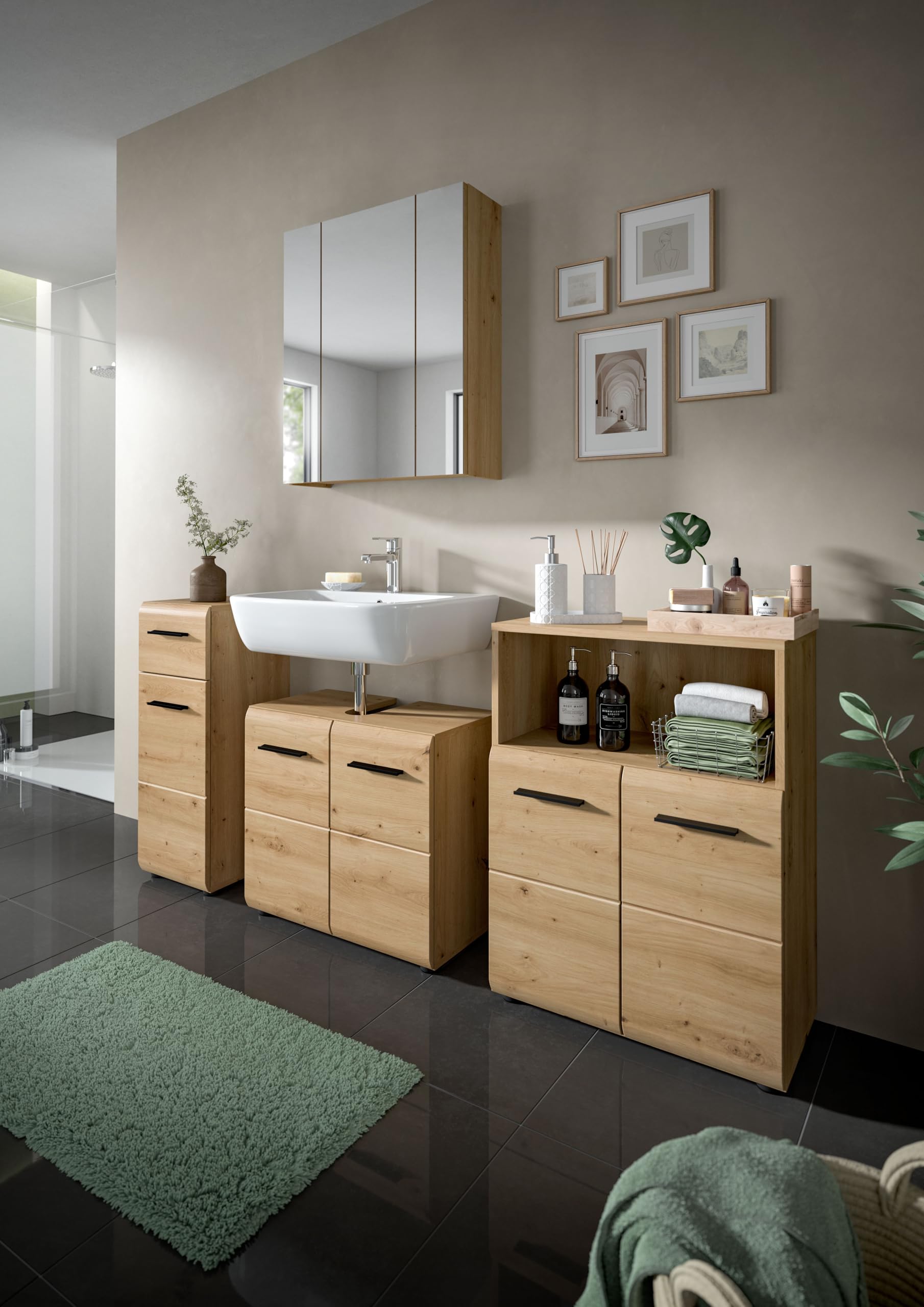 xonox.home – Standschrank breit Ice 60x80x30 cm in Korpus und Front Artisan Oak Nachbildung – Eleganter Badschrank Schrank in Holzoptik – großzügiger Stauraum – Bild 5
