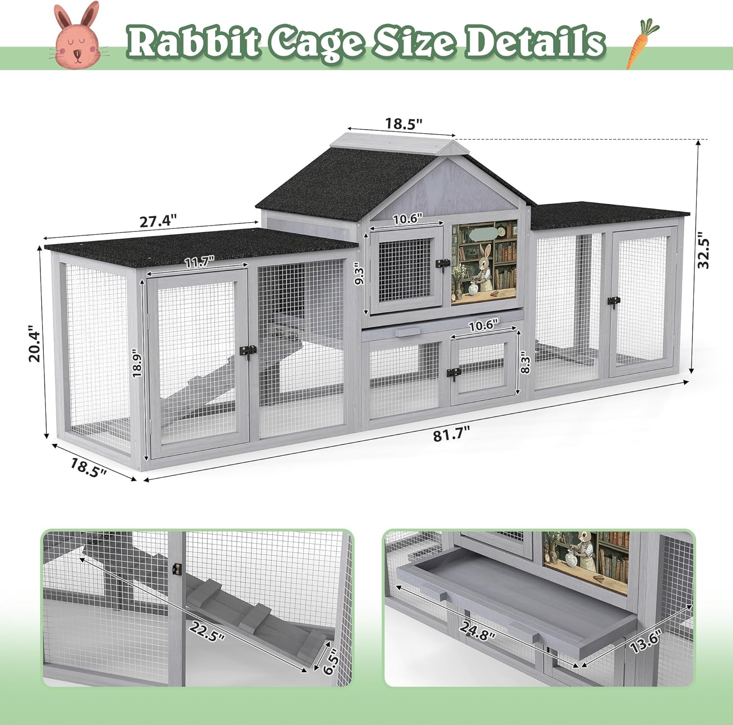 COZIWOW 82inches Extra Large Wood Rabbit Hutch Outdoor Easy to Assemble and Stable Bunny Cage Indoor with Cleaning Tray & Waterproof Roof for Small and Medium Bunny Rabbit Chick（Grey with Pattern）