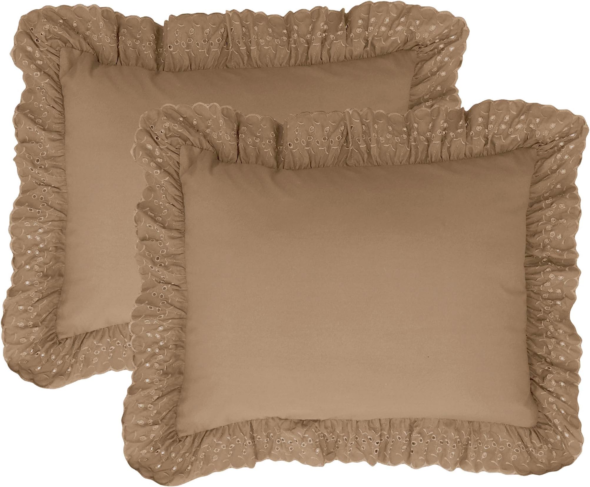 Fresh Ideas Ruffled Bed Pillow Shams with Embroidered Eyelet Detail, Standard, Mocha, 2-Pack