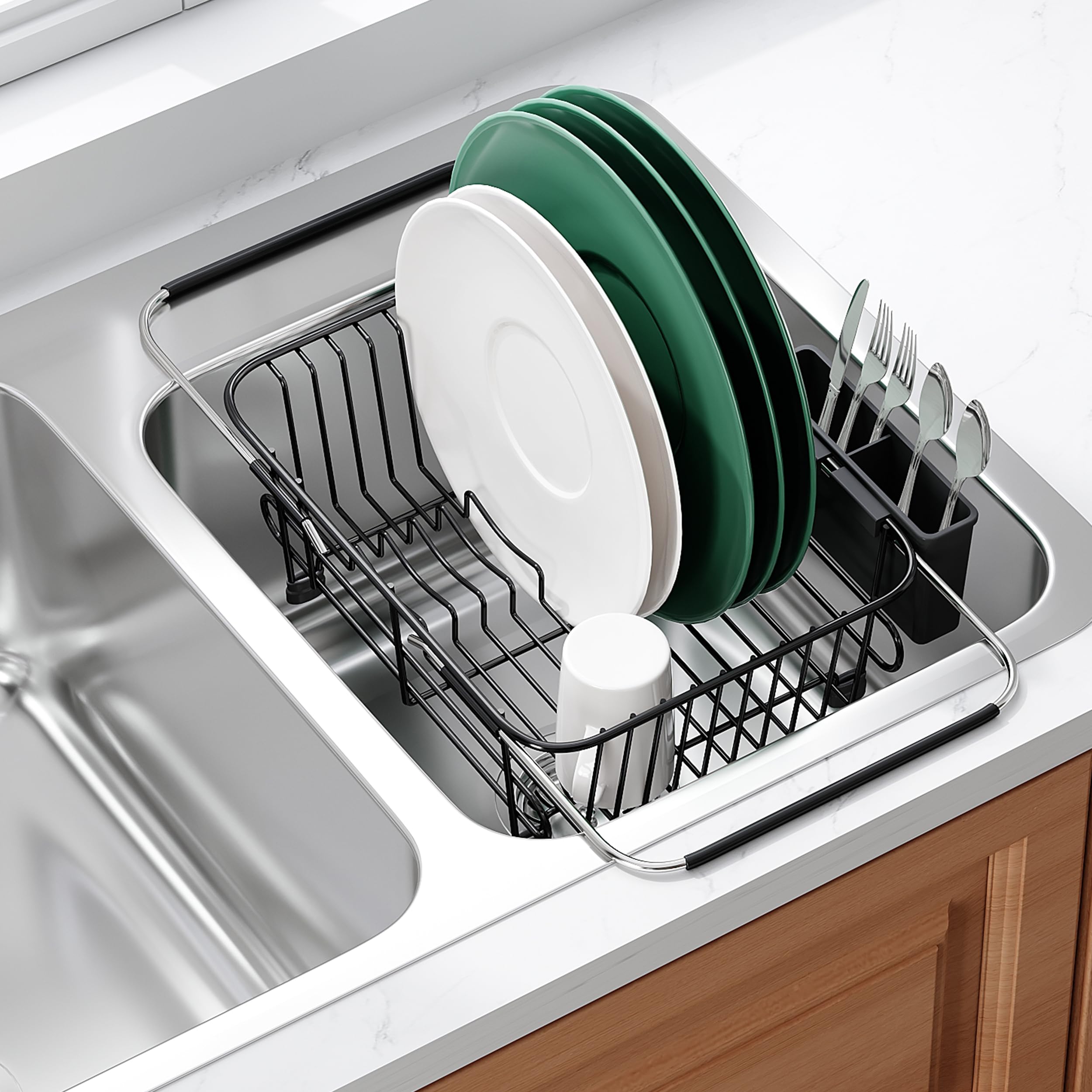 JASIWAY Black Dish Drying Rack in Sink with Utensil Holder, RV, Apartment