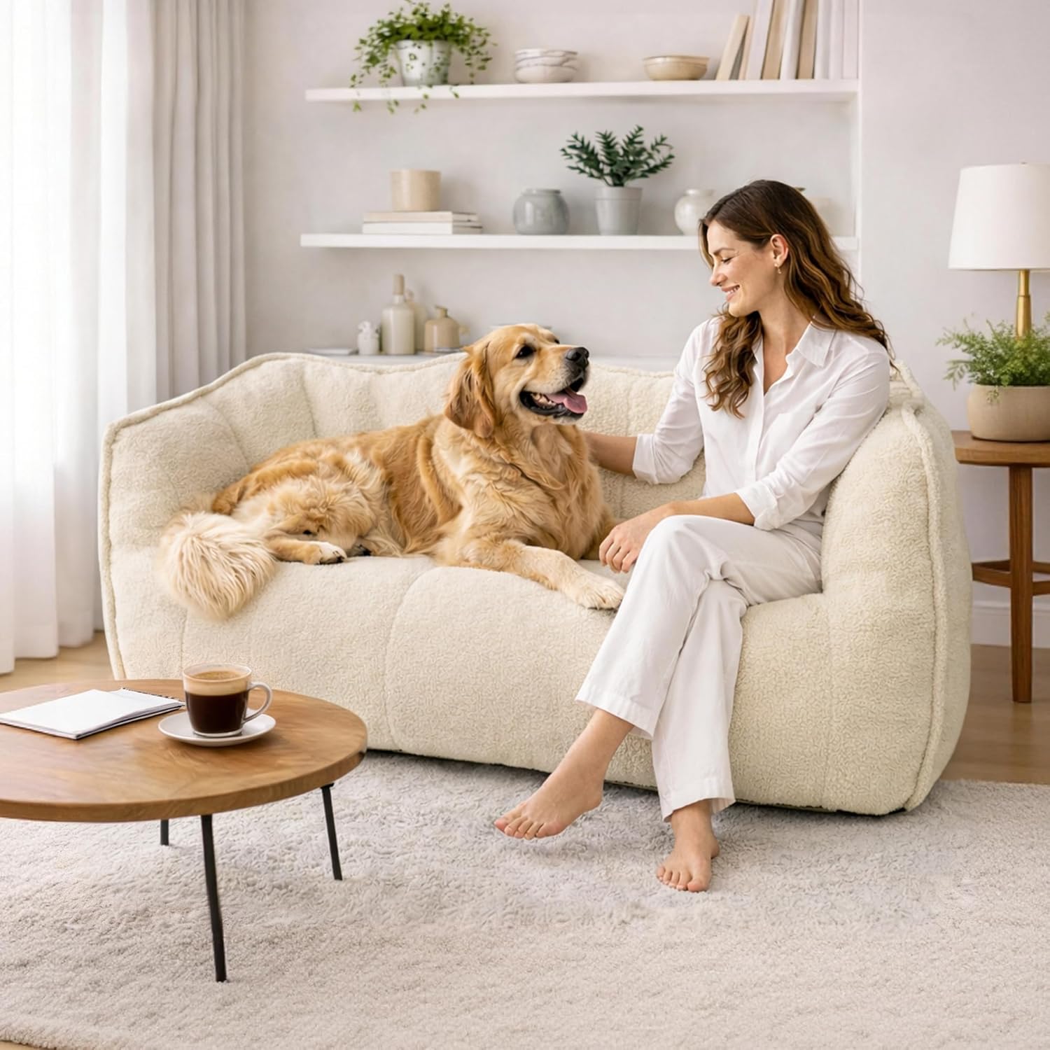 59" Bean Bag Chair, 2-Seat Loveseat Sofa Bed for Adults, Washable Cover,72H Rebound, Fluffy Comfort for Living Room,Bedroom,White