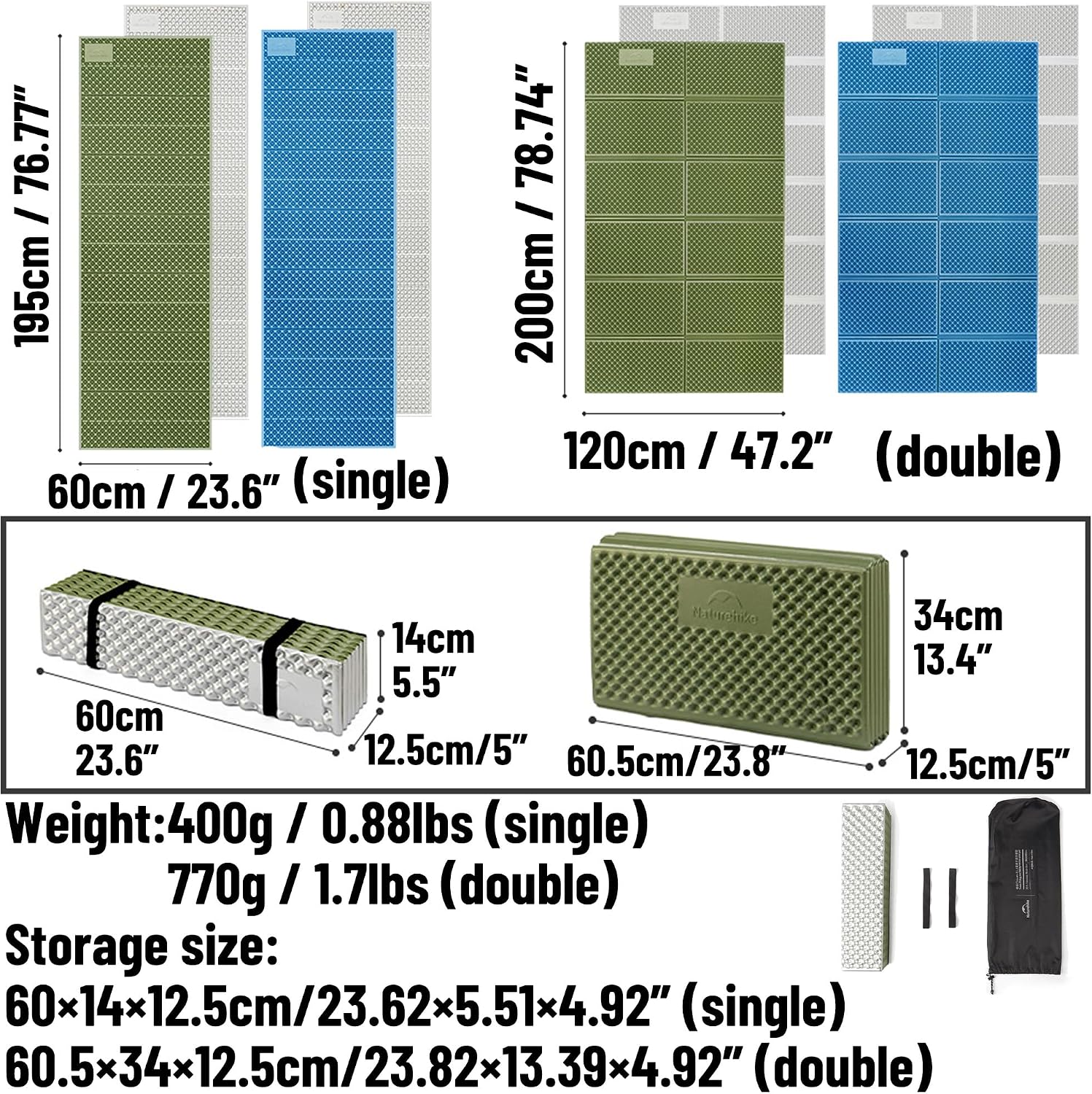 Naturehike Ultralight Foam Sleeping Pad - R1.8/R2.6/R3.0 Closed Cell Mattress, Thick Portable Folding Mat for Backpacking, Waterproof & Compact for Camping, Hiking, Travel Car Camping