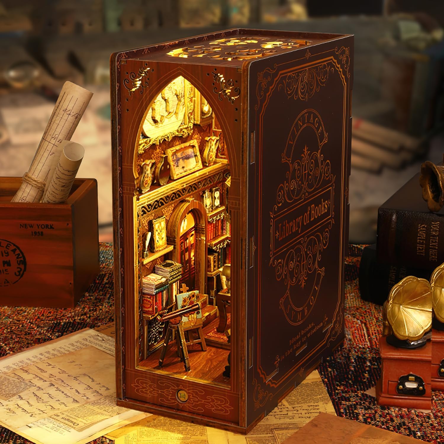 Losbenco Book Nook Kit, DIY Dollhouse Booknook Bookshelf Insert Decor Alley, DIY Book Nook Miniature Kit with Lights, 3D Wooden Puzzle Decorative Bookend Miniature Model Kits for Kids/Adults