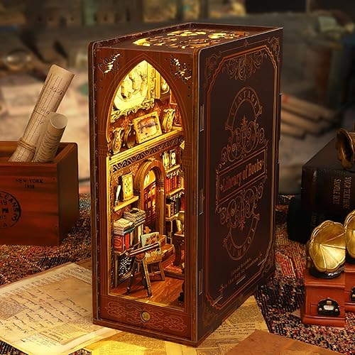 Miniatura 8 de Losbenco Kit de rincón de libros, casa de muñecas de bricolaje, estante de libros, decoración de callejón, kit en miniatura de rincón de libros con