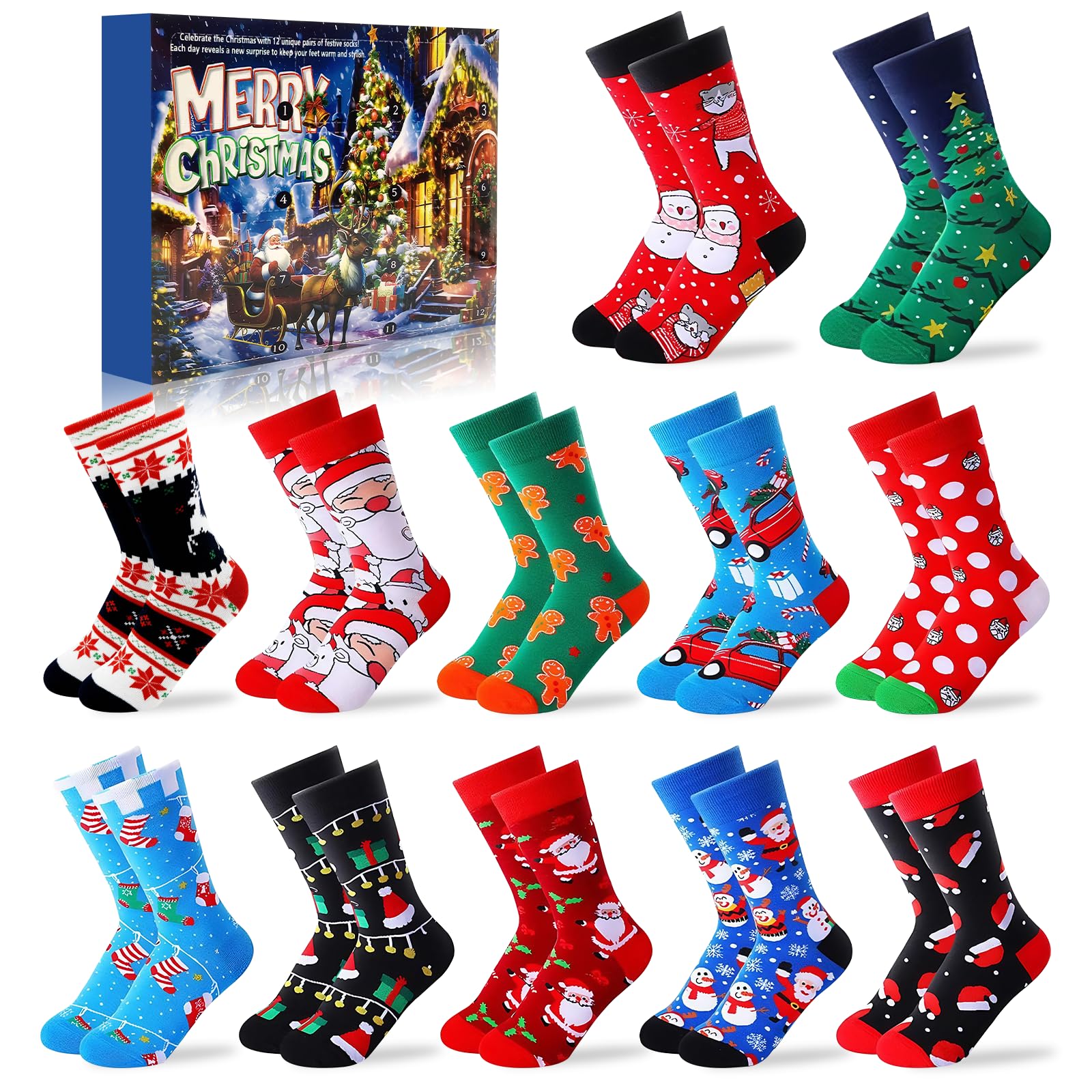 Christmas Sock Advent Calendar 2025, 12 Days of Christmas Advent Calendars for Adult 12 Pairs Surprise Xmas Countdown Warm Cotton Sock Gifts for Men Women Kids