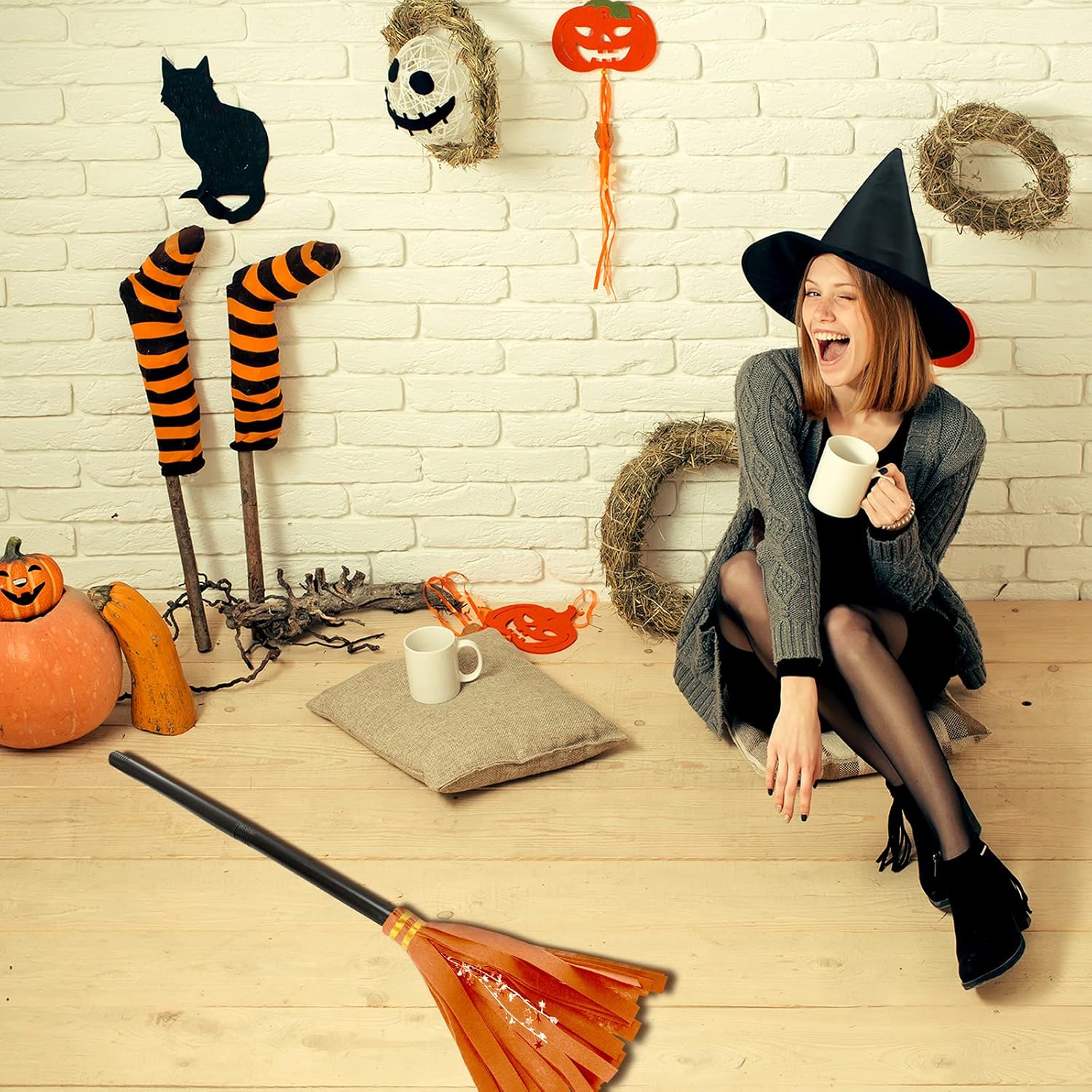 Skylety Witch Broom Hat Halloween Witch Costume for Kids Wizard Broomstick Black Wizard Hat Broom Halloween Party Cosplay