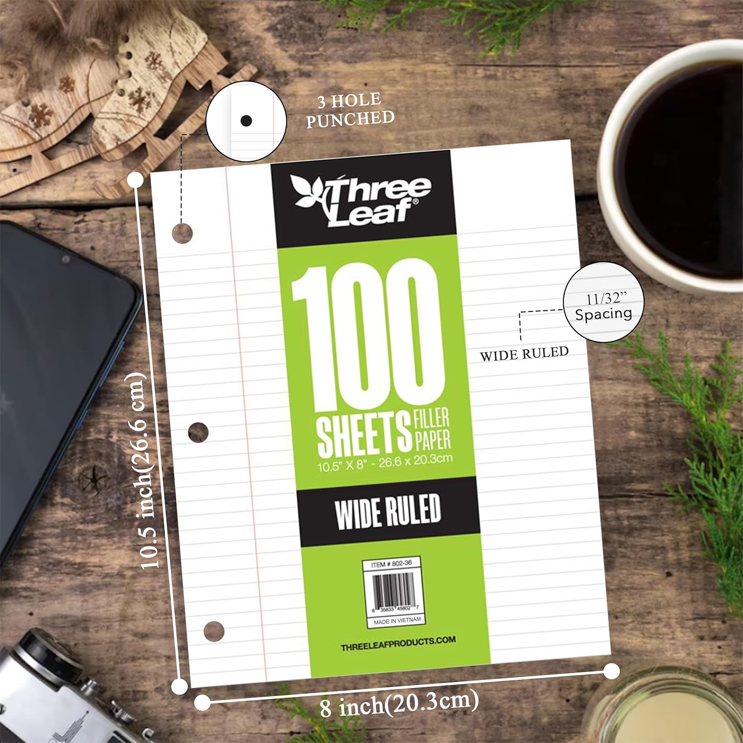 THREE LEAF 100 SHEETS WIDE RULED FILLER PAPER, PACK OF 36, LOOSE-LEAF SHEETS FOR SCHOOL AND OFFICE 100 CT. FILLER PAPER, NOTEBOOK PAPER