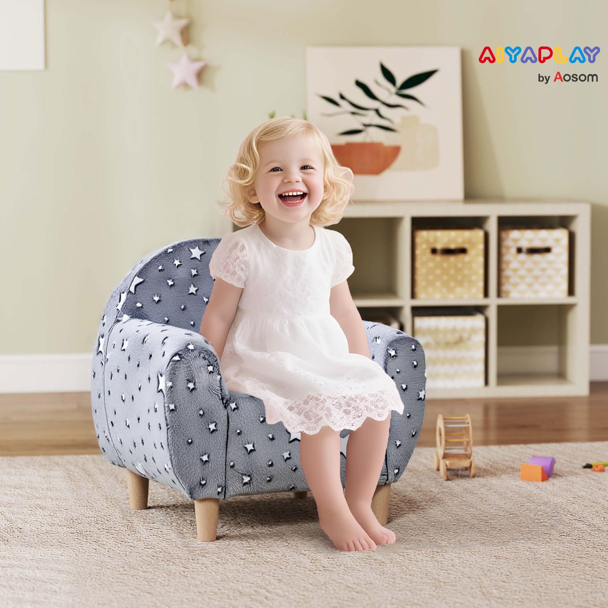 AIYAPLAY Fauteuil Enfants canapé pour Enfants hosphorescent avec Motif étoilé, Mini canapé en Tissu Velours, pour garçons et Filles, Gris