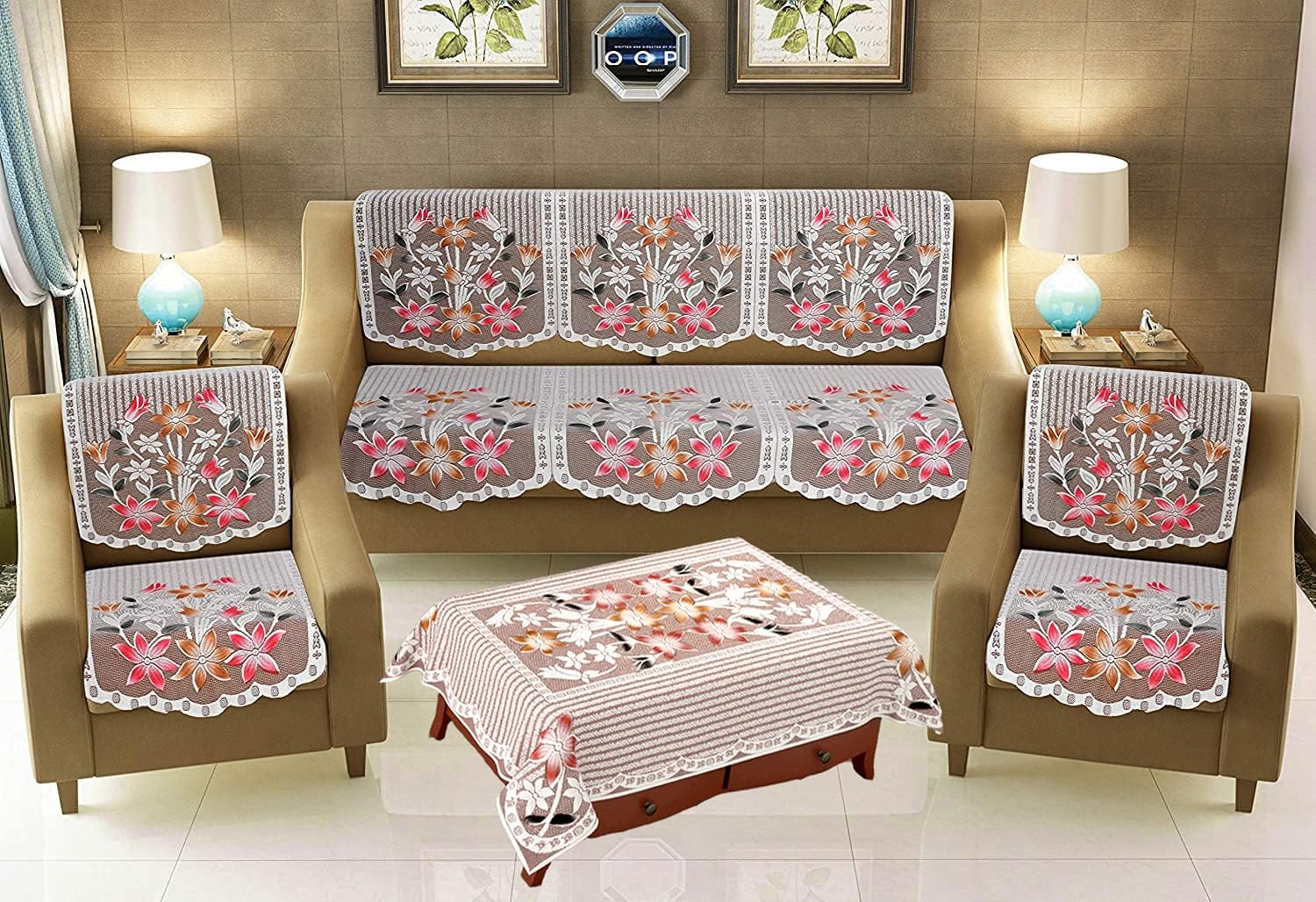 Weavers Villa Cotton Floral Printed Sofa Cover (5 SEATER - SET of 10 PIECES + TABLE COVER)