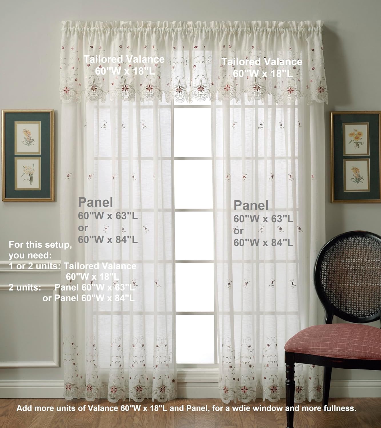 Today's Curtain, Sunshine Semi Sheer Embroidery Panel 84", Ecru/Burgundy, 60" W x 84" L