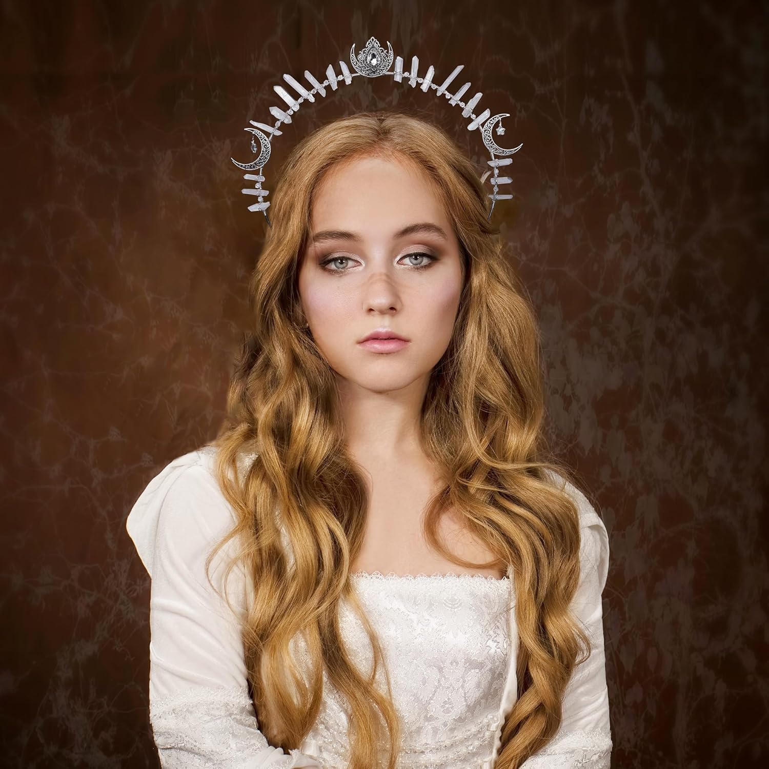 Moon Star Halo Crown - Renfaire Goddess Headband Handmade Silver Quartz Crystal Gothic Headpiece for Women Wedding Birthday Cosplay Party Photography - Image 3