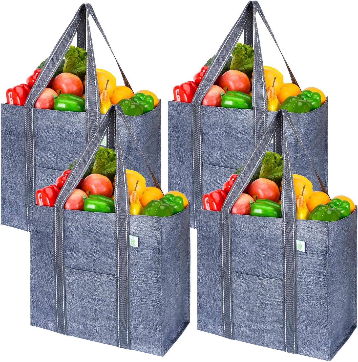 VENO 4 Pack Reusable Grocery Shopping Bag w/Hard bottom, Foldable,Multipurpose Heavy Duty Tote,Daily Utility bag (Set of 4)